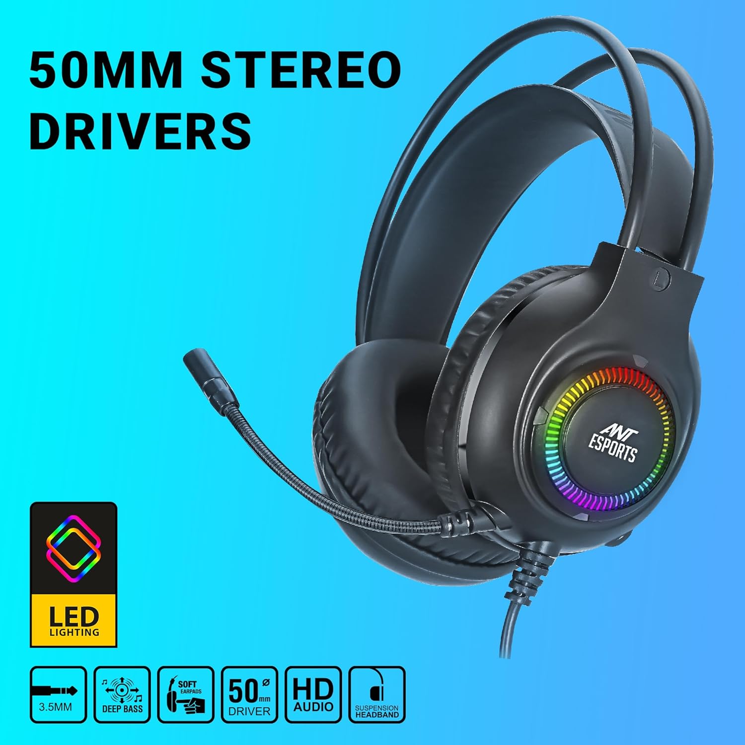 Ant Esports H580 Gaming Headset with Microphone for PS4 PC Xbox one PS5 Switch Laptop, Over Ear Headphones Wired with Noise Cancelling Mic, 3.5m Audio Jack, 50mm Stereo Drivers, Led Light – Black