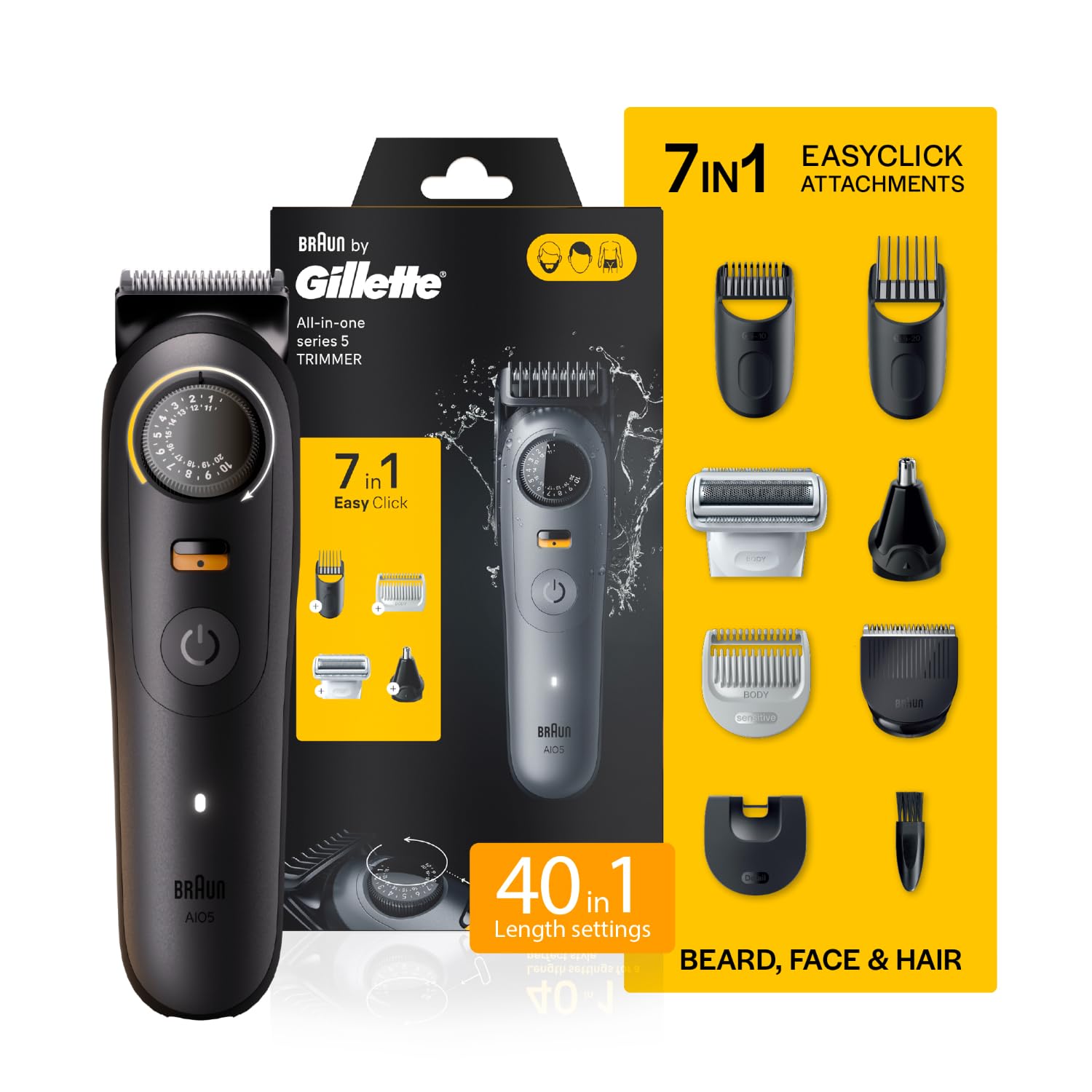 Gillette Series 5 All-in-One Beard & Body Trimmer for Man (by Braun) | 40 length settings for Face, Body, Head & Private Parts | Sensitive Body Comb for body grooming | 7-In-1 on top Attachments | 120 Min Runtime | 5 Min Quick Charge | 100% Waterproof