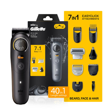 Gillette Series 5 All-in-One Beard & Body Trimmer for Man (by Braun) | 40 length settings for Face, Body, Head & Private Parts | Sensitive Body Comb for body grooming | 7-In-1 on top Attachments | 120 Min Runtime | 5 Min Quick Charge | 100% Waterproof