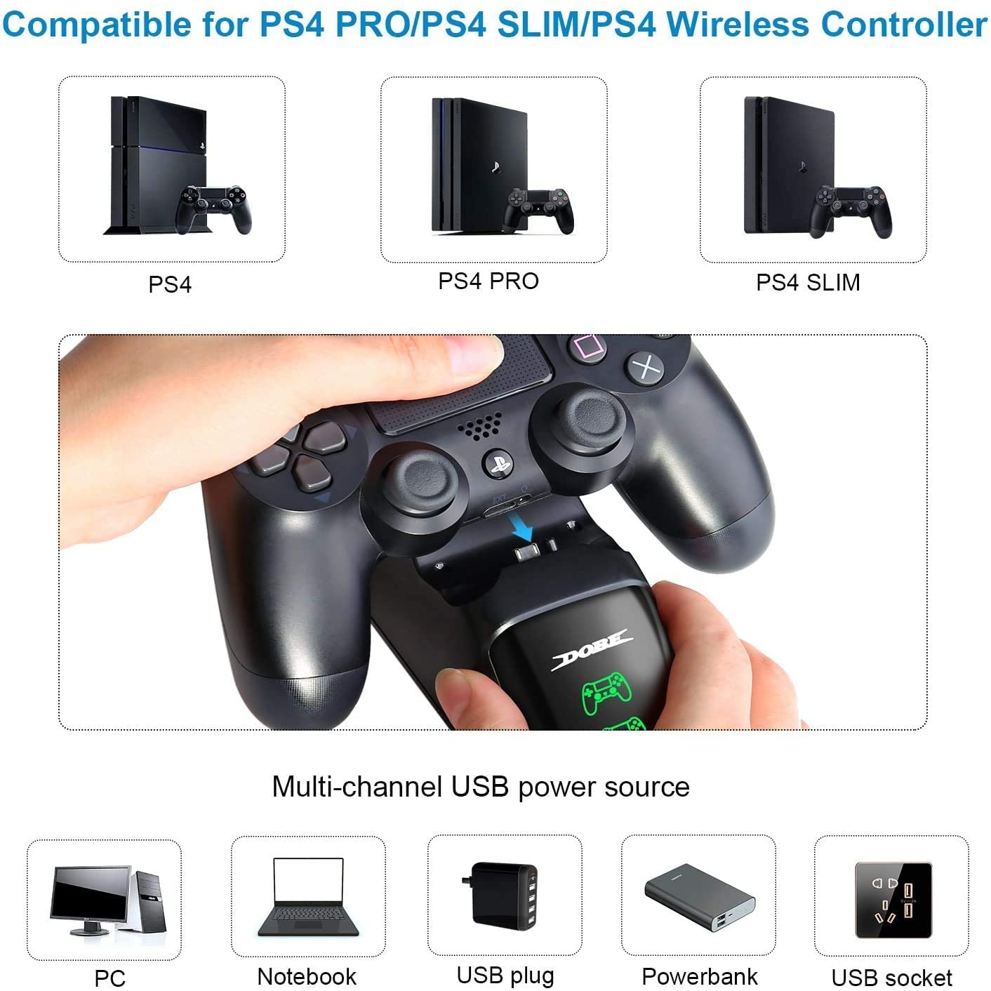 Dobe New World Ps4 Controller Charging Dock With Cable (Black), USB