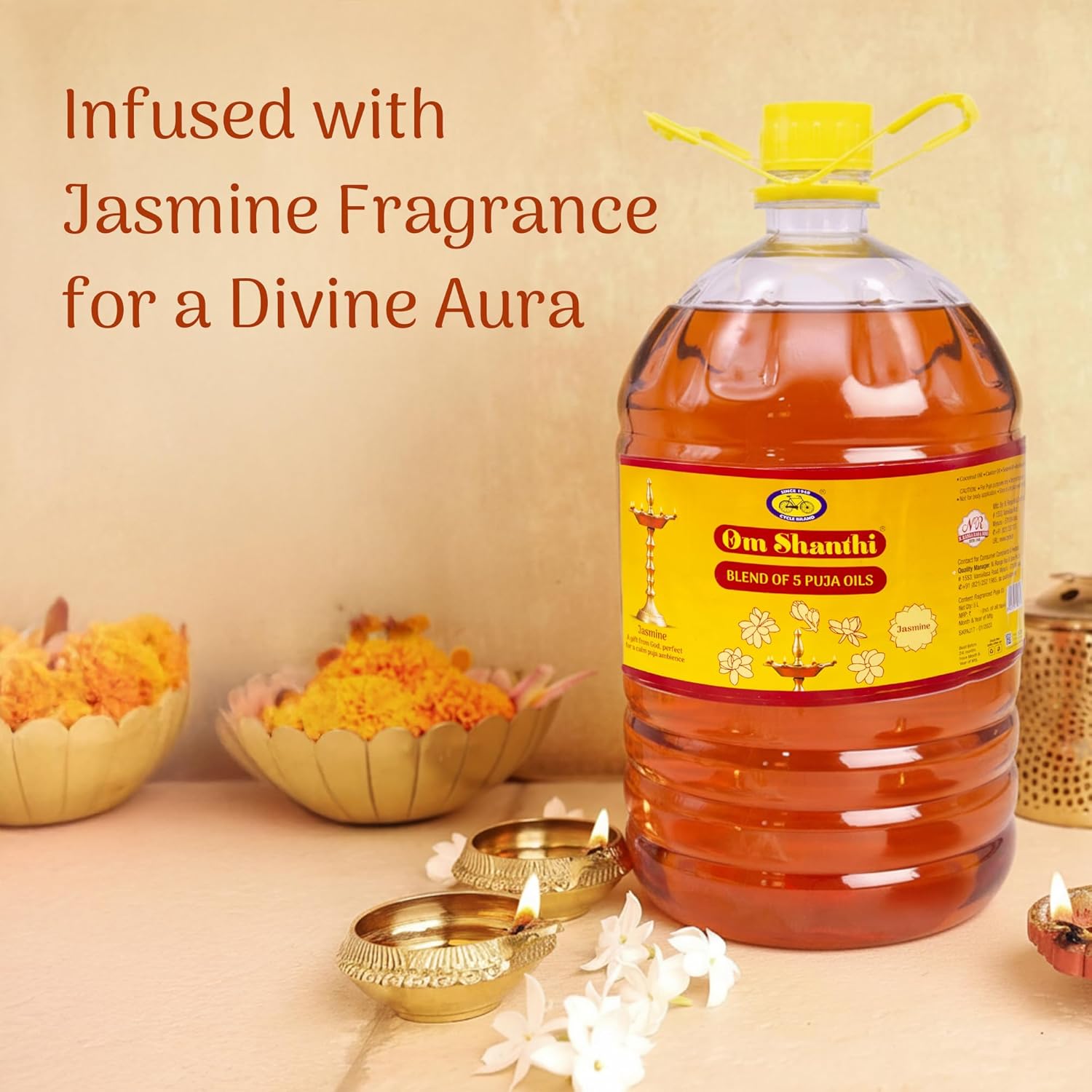 Om Shanthi POOJA MADE PURE Cycle Pure Puja-Oil | 5L Festival & Havan Use | Til-Based Sacred Lamp Blend with Jasmine Fragrance | Daily Rituals & Puja Lamps