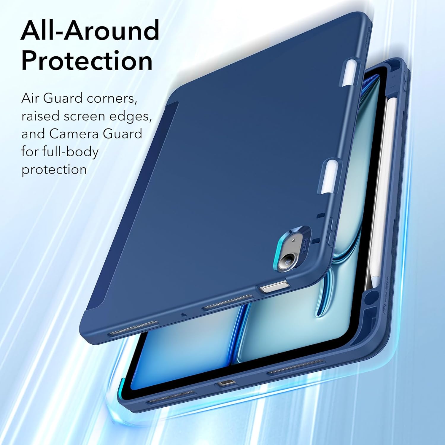 ESR for iPad Air 11 inch Case M3/M2 with Pencil Holder, iPad Air 7th/6th/5th/4th Generation Cover(2025/2024/2022/2020), Trifold Stand with Flexible Back, Auto Sleep and Wake, Rebound Series, Navy Blue