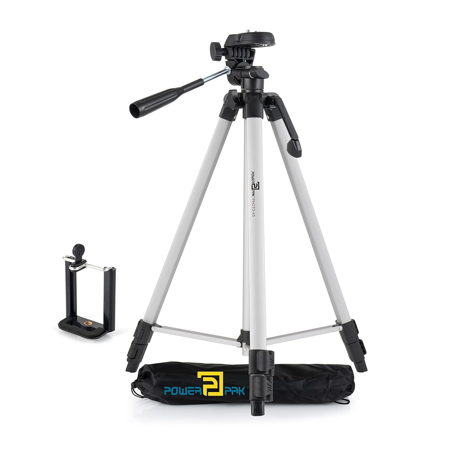 Powerpak Photo-X5 4.5ft/53'' Flat Tripod for Smartphones & Cameras |Max Operating Height - 4.5ft|with Smartphone Clamp & 3-Way Panhead | for Digital DSLR, Video Camera, Camcorder|Payload 1.5kg, Black