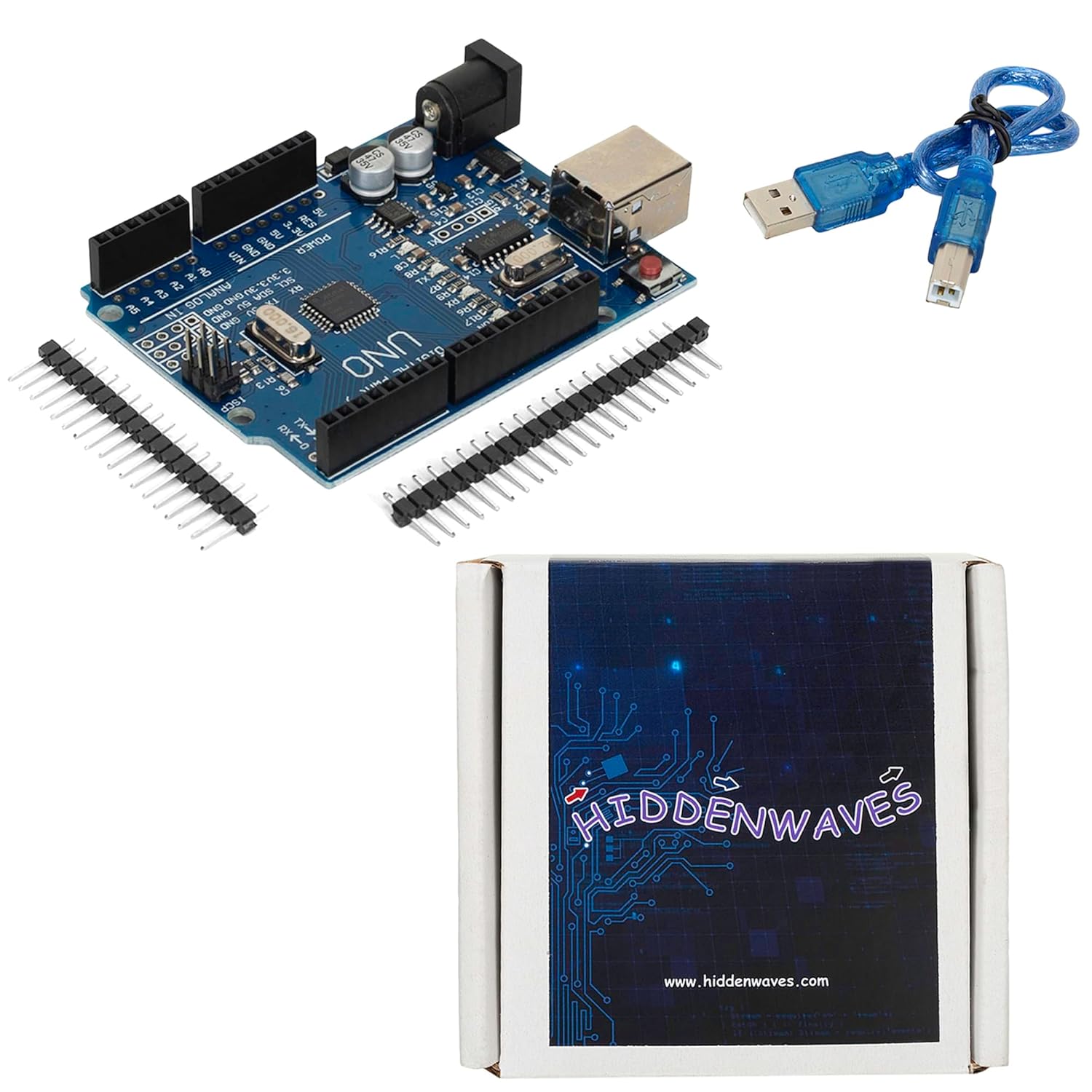 HIDDENWAVES UNO R3 SMD compatible with IDE, Development Board with USB cable and Header Pins.