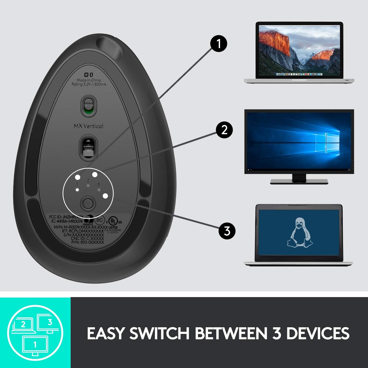 Logitech MX Vertical Advanced Ergonomic Mouse, Wireless via Bluetooth or Included USB Receiver