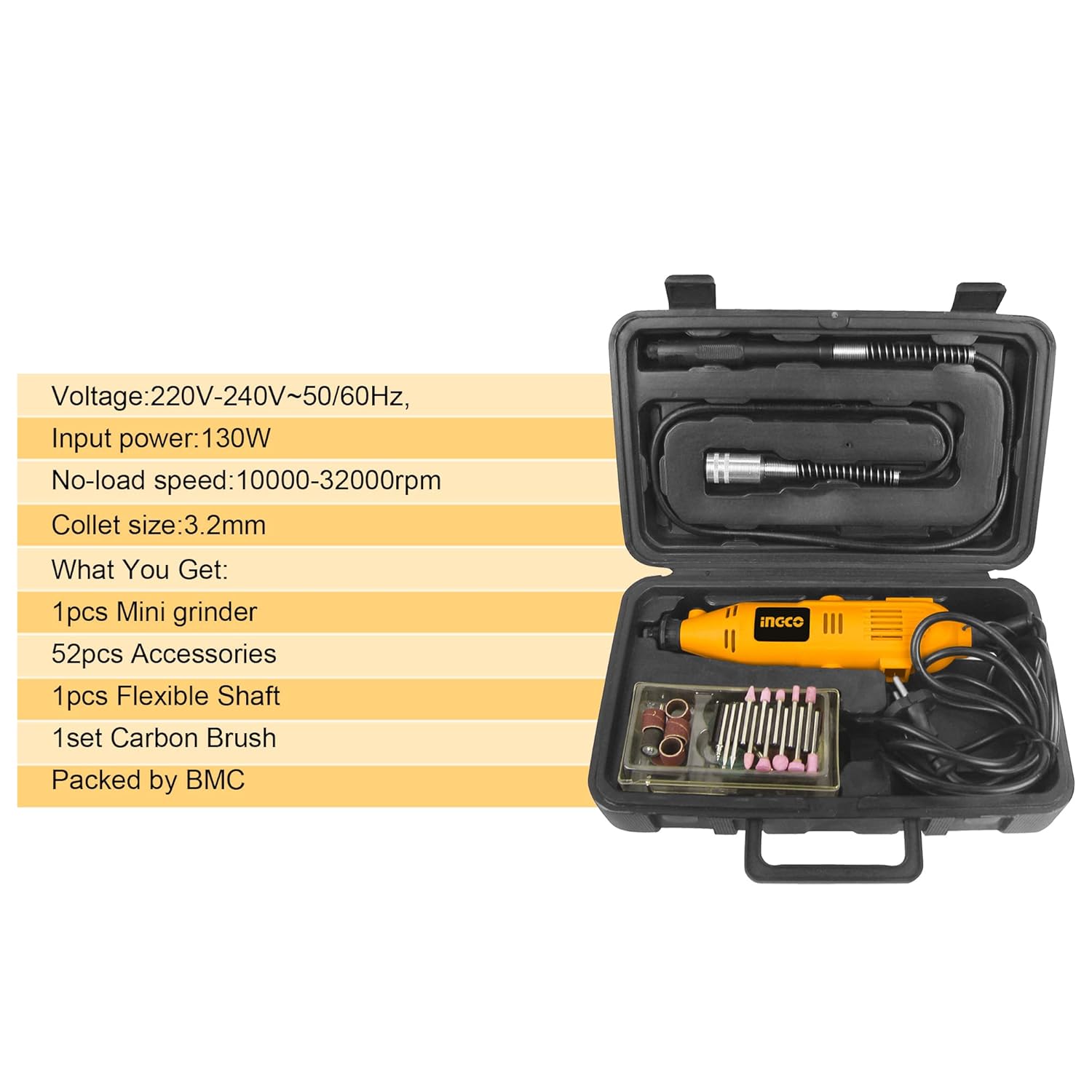 INGCO Mini Grinder Kit, 6 Adjusting Speed, 130w Min Size Electric Grinder Tool Set, Grinding Machine for Jade Carving Wood Punching Metal Grinding Polishing Mini Rotary Die Grinder 52pcs Accessories