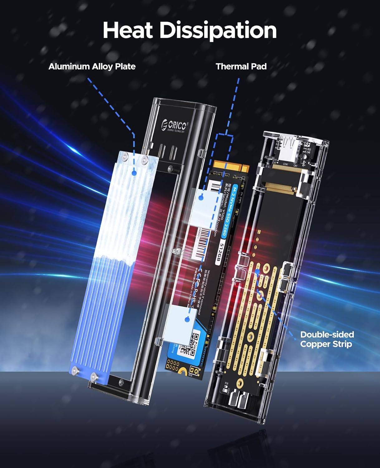 ORICO M.2 NVME Enclosure Adapter, USB 3.2 Gen 2 (10 Gbps), Transparent External Solid State Drive Adapter Enclosure for 2280 2260 2242 2230 PCI-E M2 M-Key SSD, USB Type C Converter Case (TCM2-Blue)