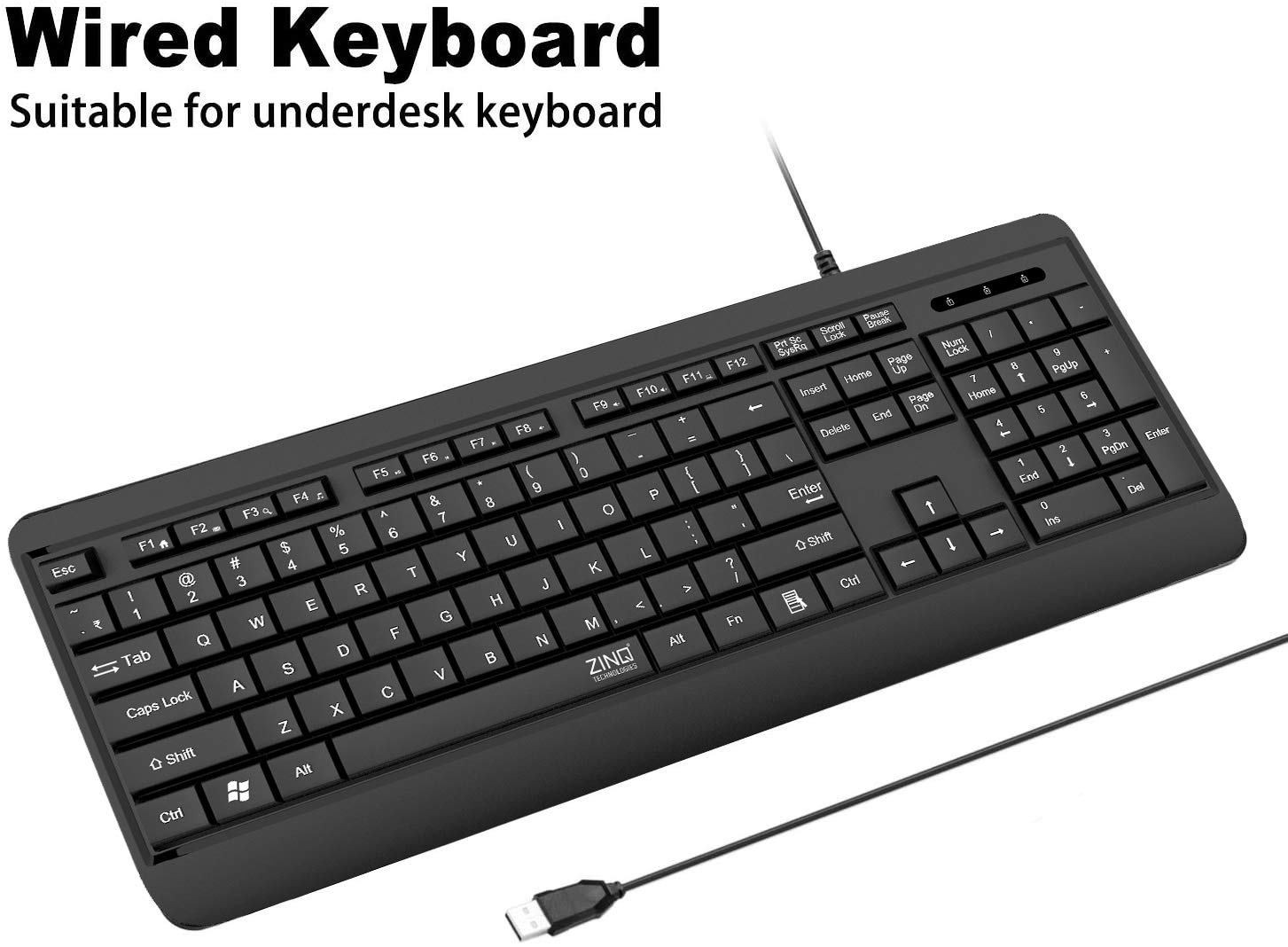 Zinq Technologies ZQ-1000 Spill-Resistant Wired USB Full Size Multimedia Keyboard with 104 Keys (Black)