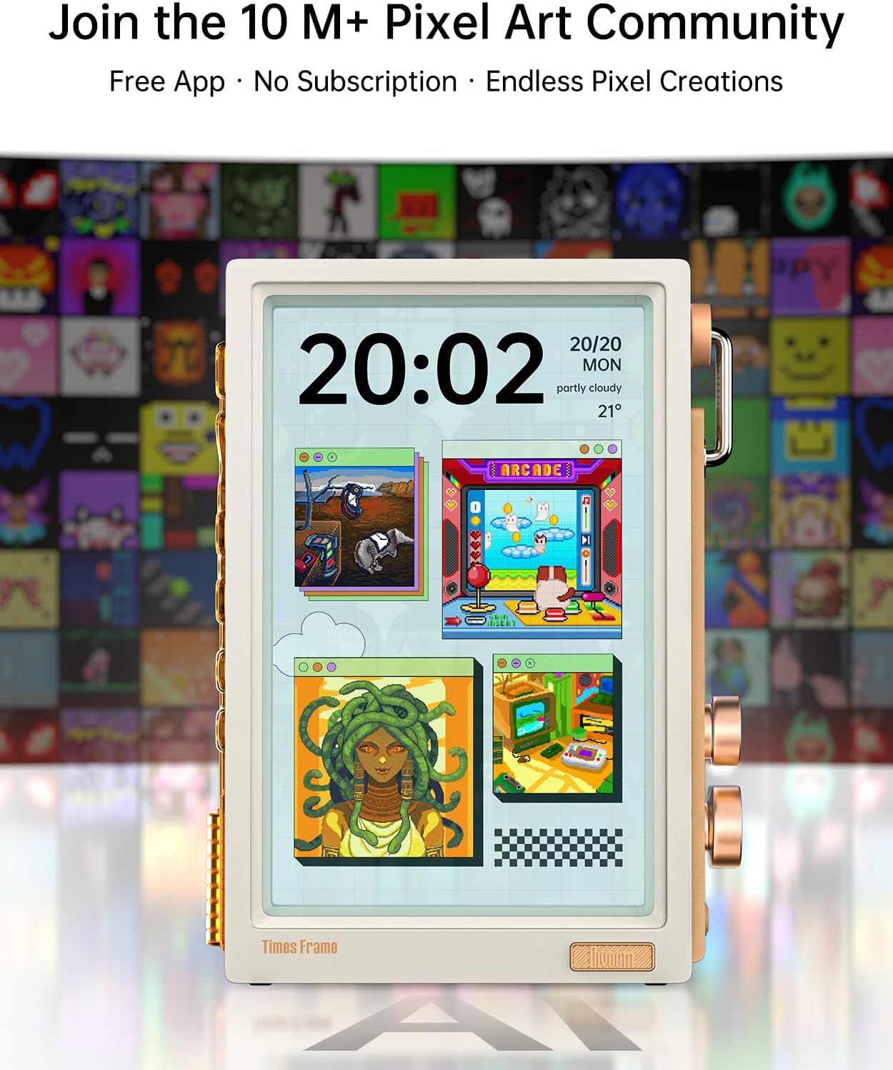 Divoom Times Frame-10.1" Digital Picture Frame Transparent IPS with RGBLED Rotary Knob WiFi 64GB 400+Clock Faces Widget 50+API Feeds Gift Mode Pixel Art Community Personalized Data Display (White)