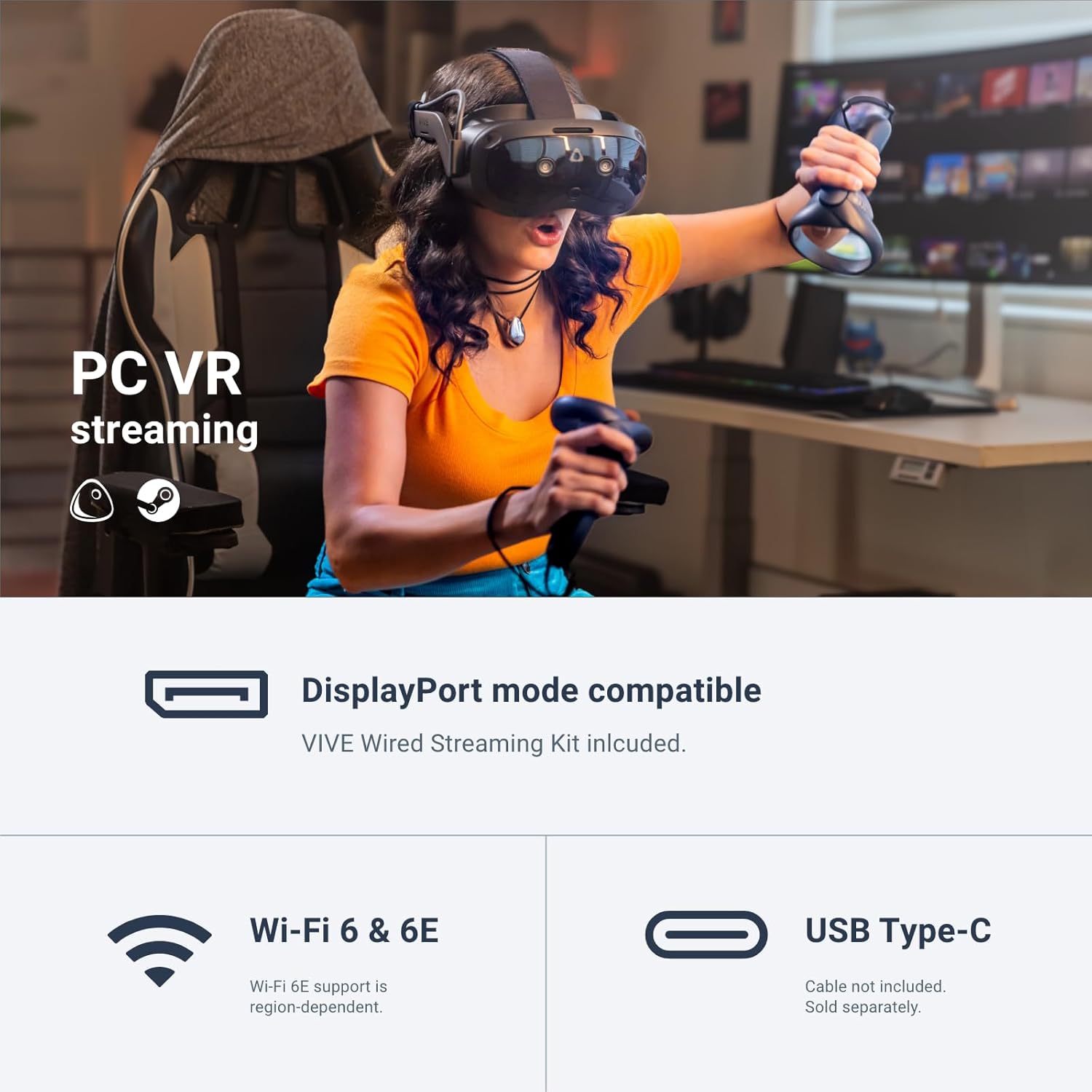 HTC Vive Focus Vision Wired Bundle — XR Headset with DisplayPort PC VR Streaming Kit
