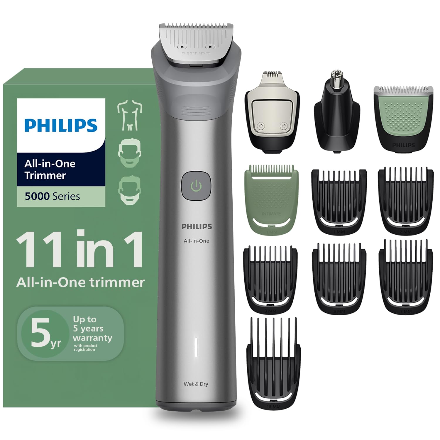 Philips India's No.1 Men's Trimmer | Skin Safe Grooming I 13-in-1 Essential Body Kit - Body, Face & Private Parts I 3 Year Warranty I 120 min runtime I 5 min Quick Charge MG5930/65