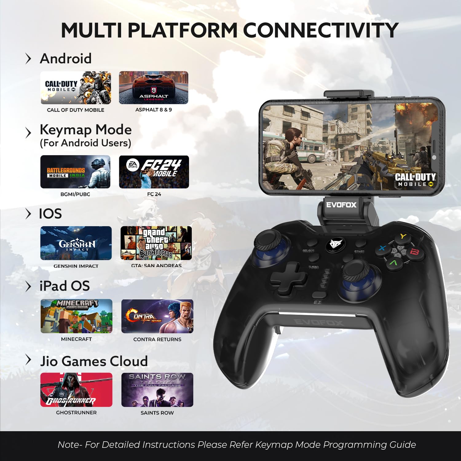 EvoFox Go Smartphone Bluetooth Gamepad for iPhones, iPads & Android | 2 Macro Back Buttons, Dual Vibration Motors, Turbo Mode, Analog Triggers, High Precision Joysticks | Android KeyMap Mode (Grey)