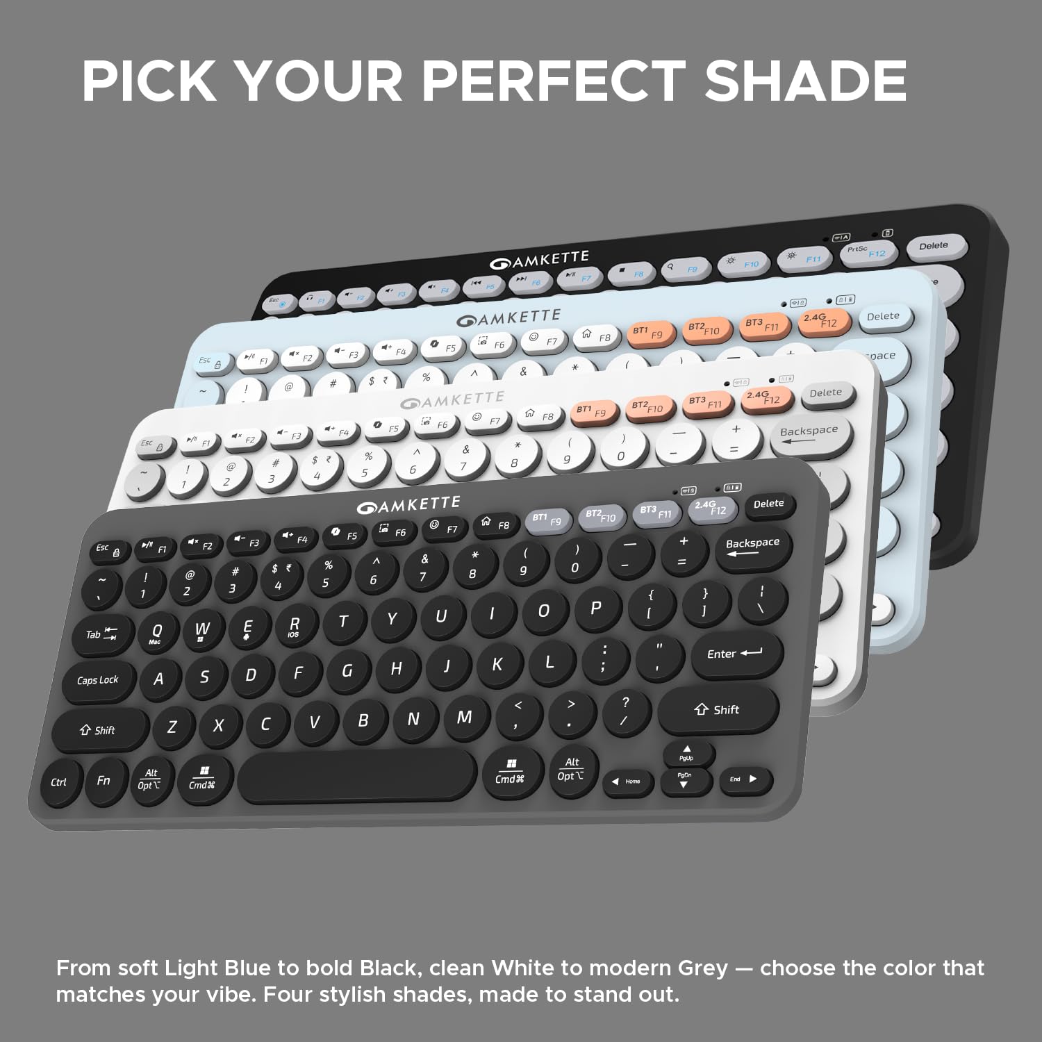 Amkette New and Improved Optimus BT 4 in 1 Multi Device Wireless Keyboard/Bluetooth Keyboard | One Click Device Switching and AI Access for Windows, MacOs, Android and iOS, Dual OS Layout (Grey)