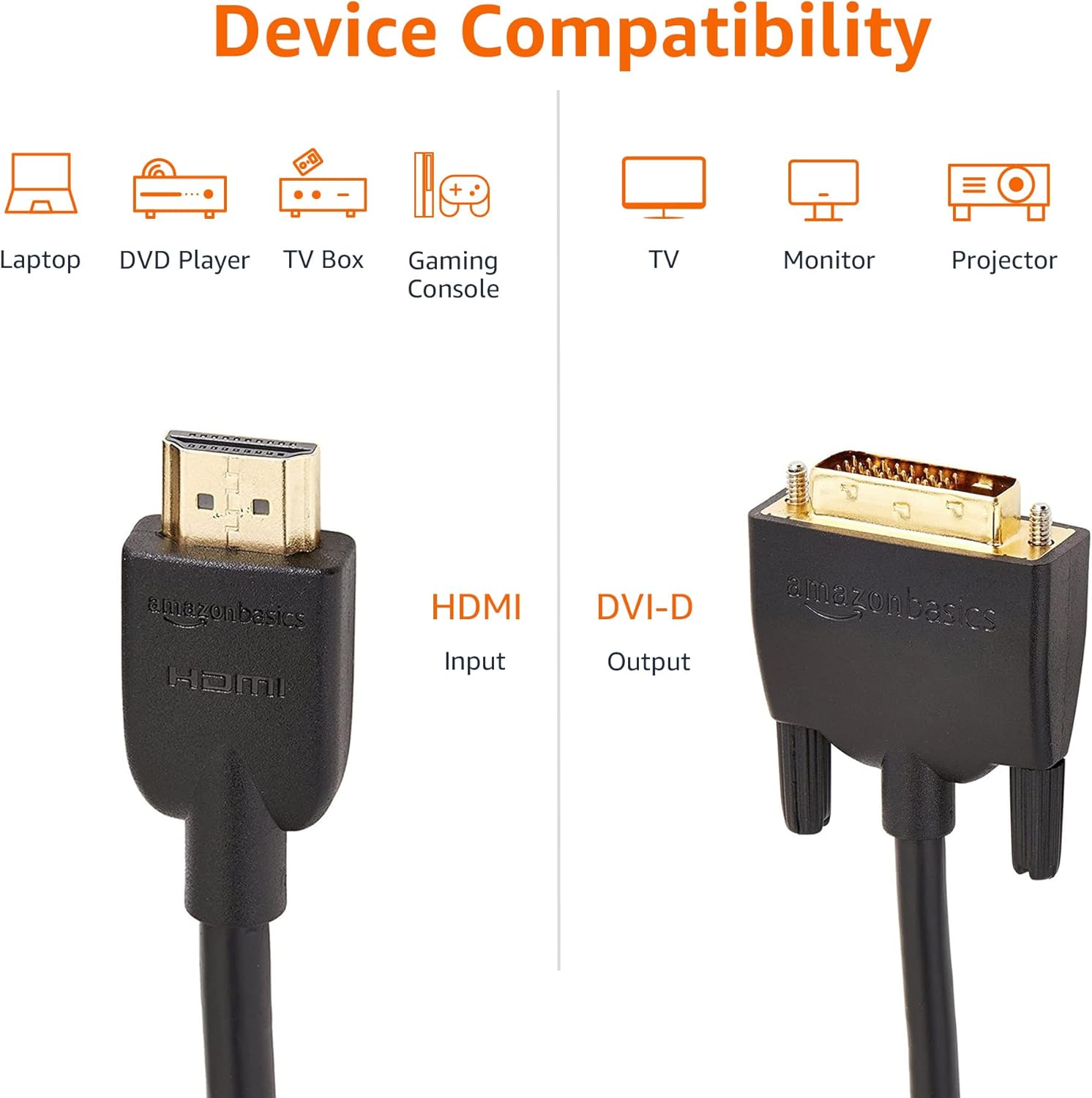 Amazon Basics HDMI-A to DVI (Male) Adapter Cable, Bi-Directional 1080P, Gold-Plated, 6 ft/1.8 m, Single Pack for Television, Black