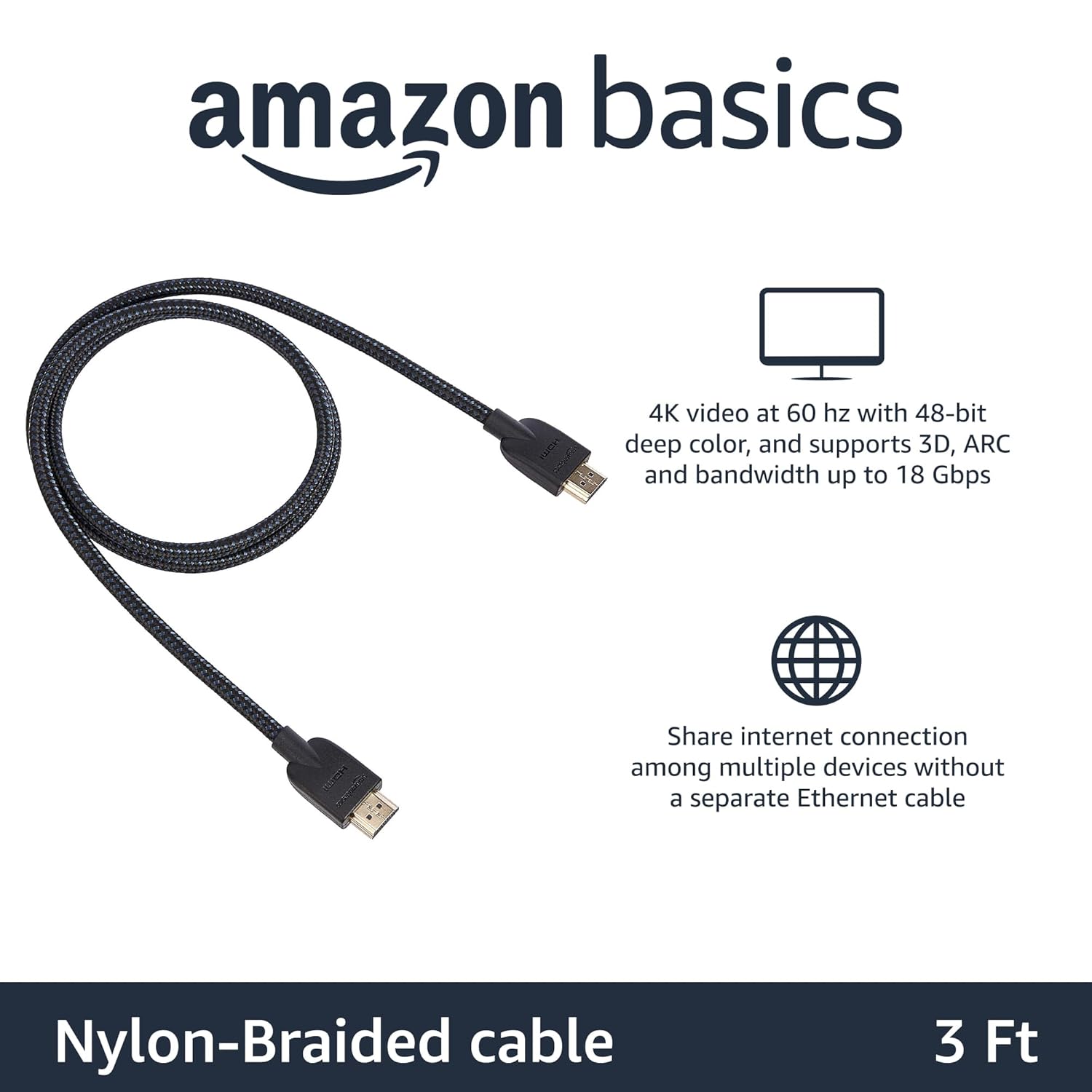 AmazonBasics High-Speed Braided HDMI Cable-3 Feet-Supports Ethernet,3D,4K & Audio Return (Black)