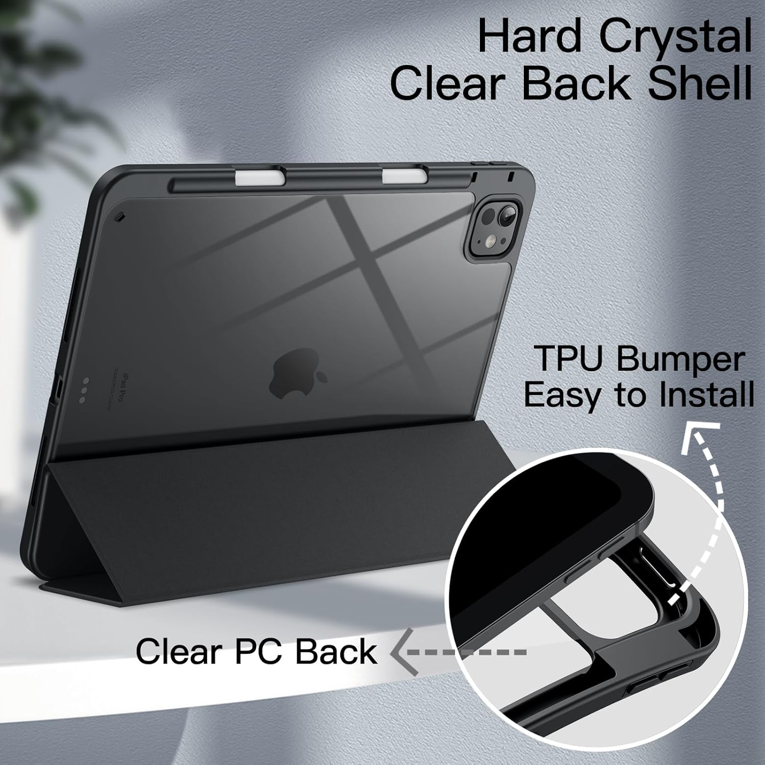 JETech Cover Case for iPad Pro 11-Inch M5/M4 2025/2024 (6th/5th Generation) with Pencil Holder, Clear Transparent Back Shell Slim Stand Shockproof Tablet Cover, Auto Wake/Sleep (Black)