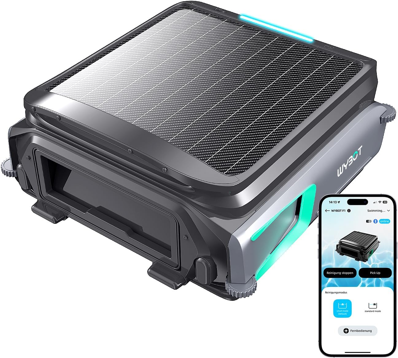 WYBOT F1 Pool Skimmer Robot with Solar & Battery, Cleans the Water Surface Automatically, Controllable via App, 24H Operation, For All Pool Types - Your Wireless Pool Robot, Olive Green