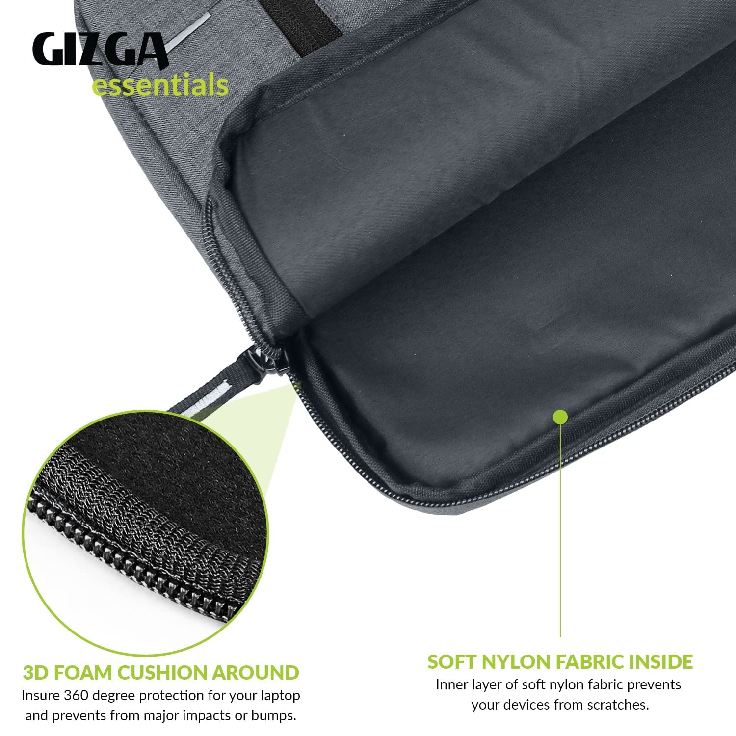 Gizga Essentials Laptop Bag Sleeve Case Cover Pouch for 13.3 Inch Laptop for Men & Women, Padded Laptop Compartment, Free Accessories Pouch, Premium Zipper Closure, Water Repellent Nylon Fabric-Grey