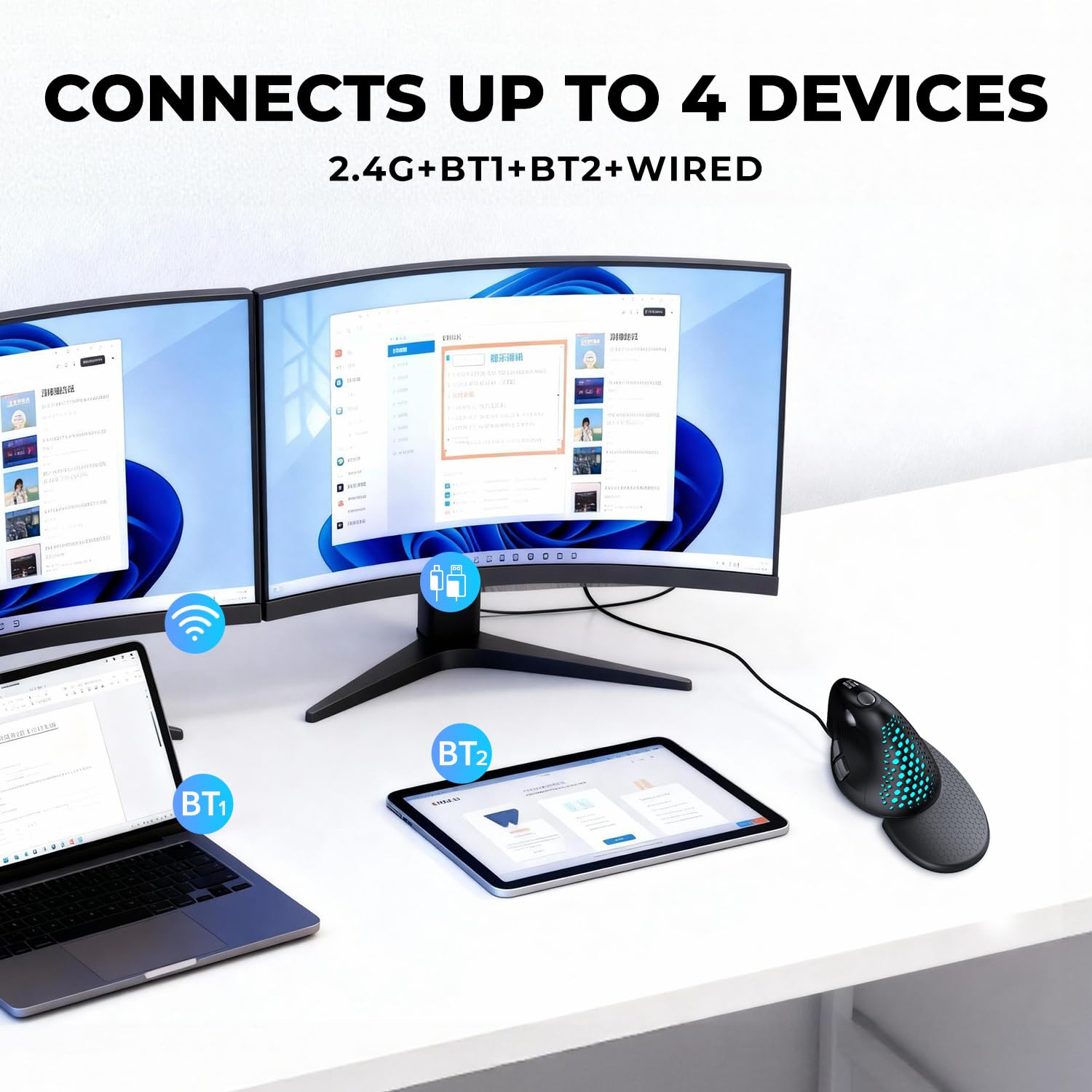 DeLUX Seeker Wireless Ergonomic Vertical Mouse with OLED Screen, BT and USB Receiver, Connect with Up to 4 Devices, Thumb Wheel, 4000DPI, Programmable Rechargeable Silent Mouse(M618XSD-Black)