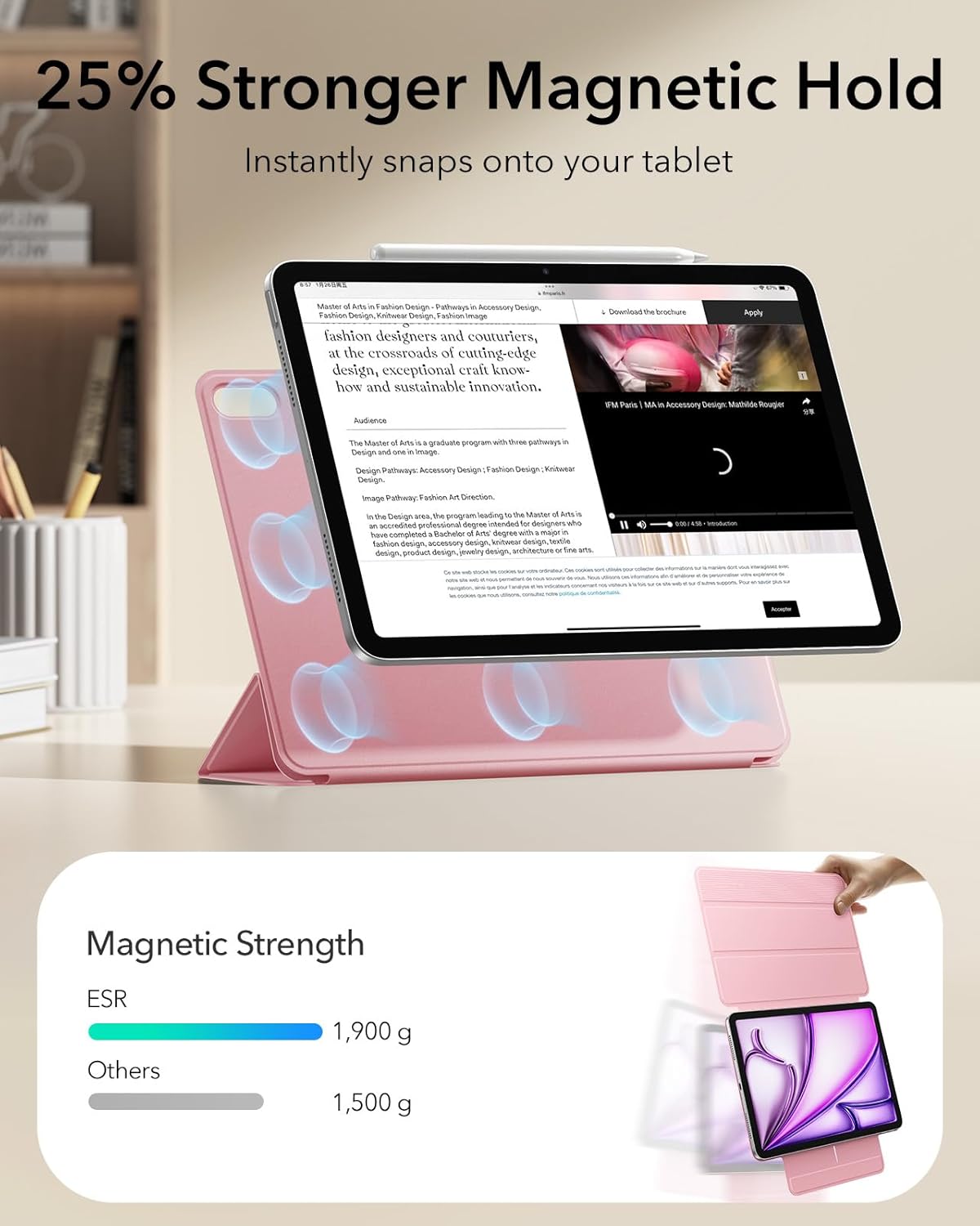 ESR for iPad Air 13 Inch Case M4/M3/M2 (2026/2025/2024), iPad Pro 12.9 Cover, Powerful Magnetic Attachment, Slim Trifold Stand Case, Supports Pencil Pro & Pencil (USB-C), Rebound Series, Pink