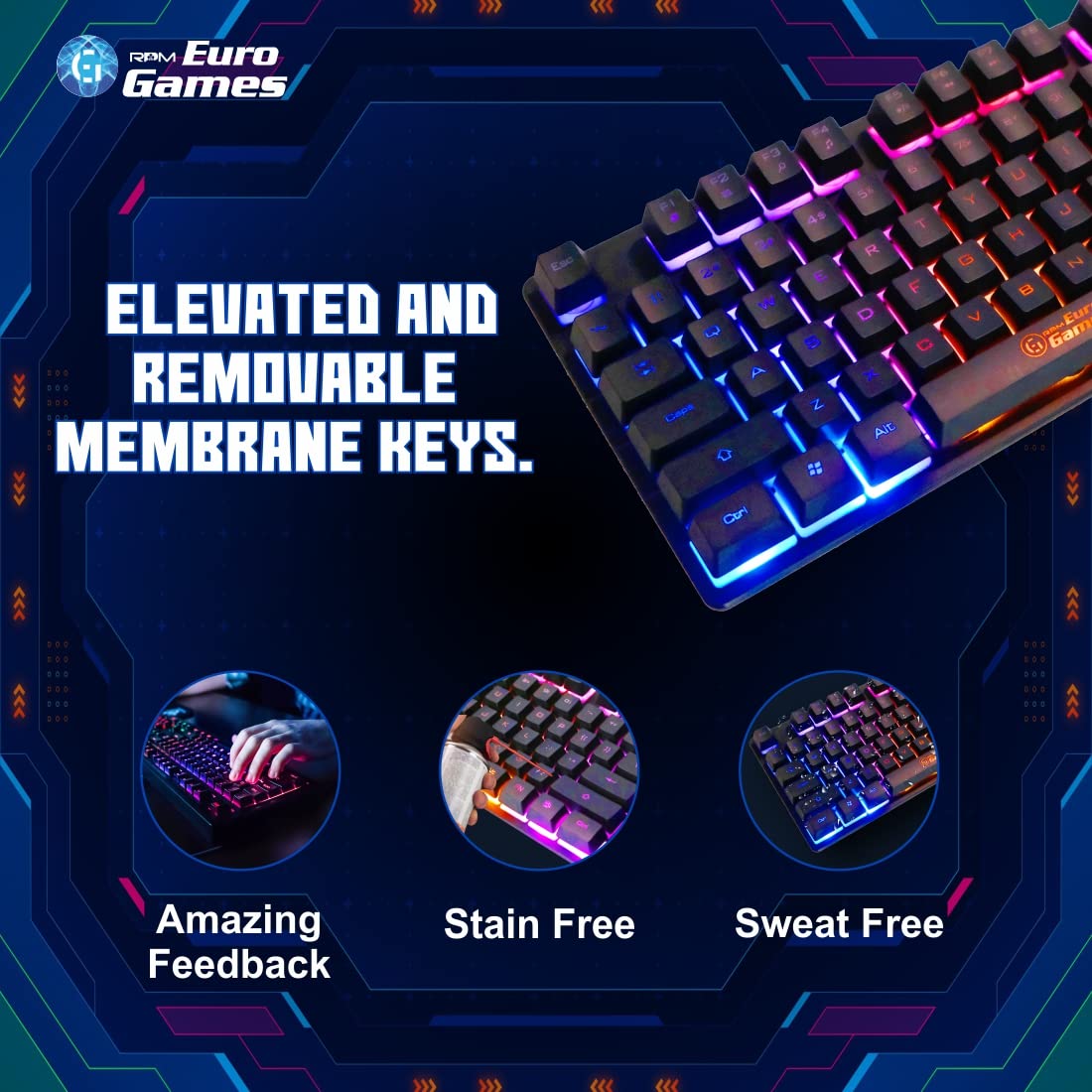 RPM Euro Games Gaming Keyboard Wired | 87 Keys Space Saving Design | Membrane Keyboard with Mechanical Feel | LED Backlit & Spill Proof Design