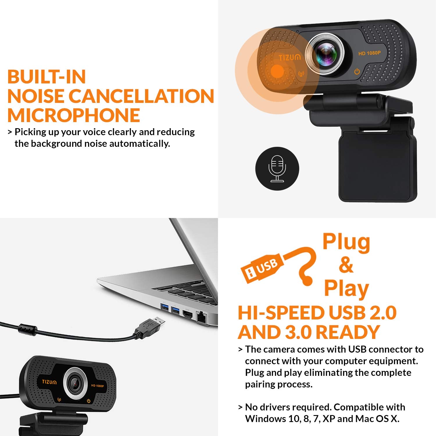 Tizum ZW81- Full HD 1080p Digital Webcam, Widescreen Viewing Angle, Auto Light Correction, Noise-Reducing Mic, for Skype, FaceTime, Hangouts, Xbox, PC/Mac/Laptop/MacBook/Tablet, Black