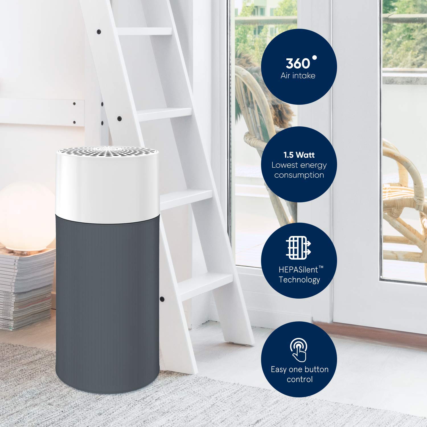 Blueair Joy S Air Purifier removes 99.97% viruses & bacteria with HEPASilentTM technology, Low energy consumption (1.5-10 Watt), 360 air intake, 170 sq ft (White)