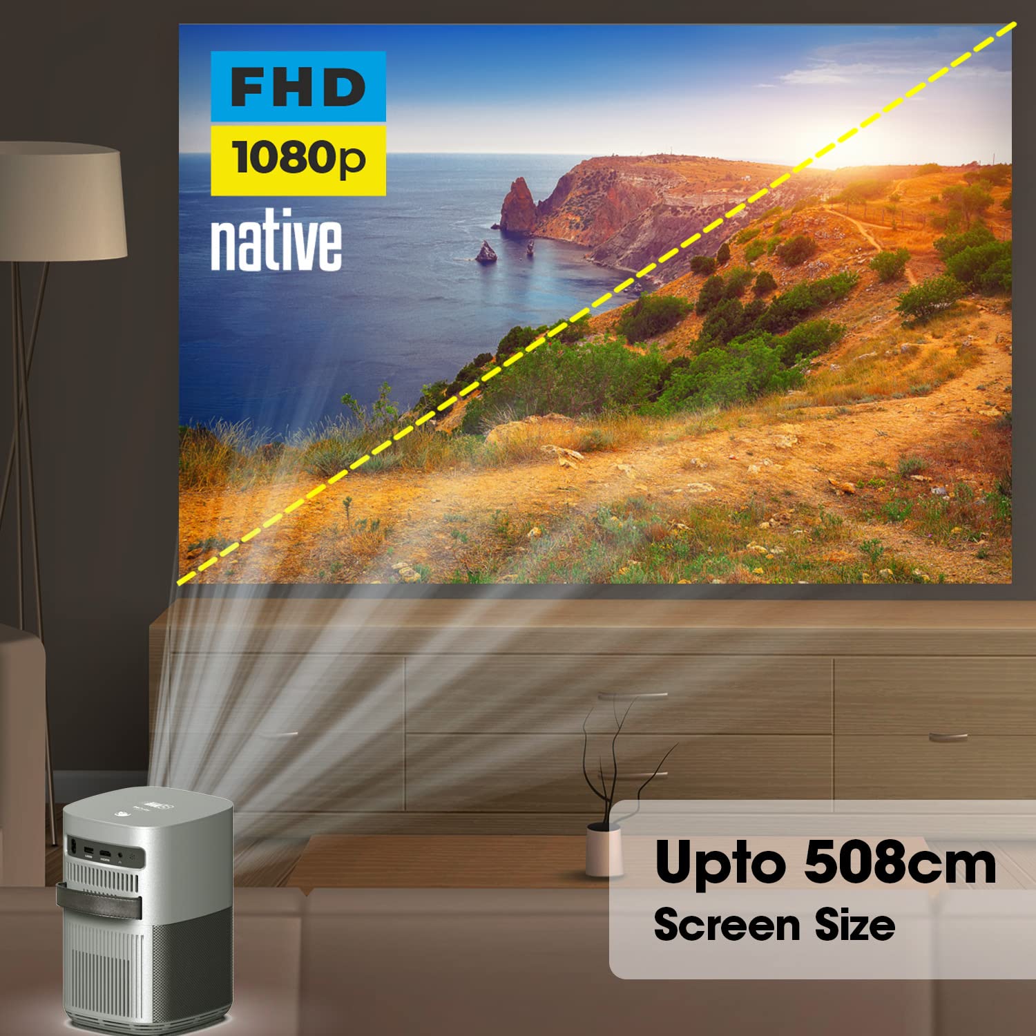 ZEBRONICS PIXAPLAY 18, Smart LED Vertical Projector, 3800 Lumens, 4K Support, Dolby Audio, 200 inch Screen Size, HDMI, USB, WiFi, Supports Bluetooth, 1080p Native, Electronic Focus, APP Support