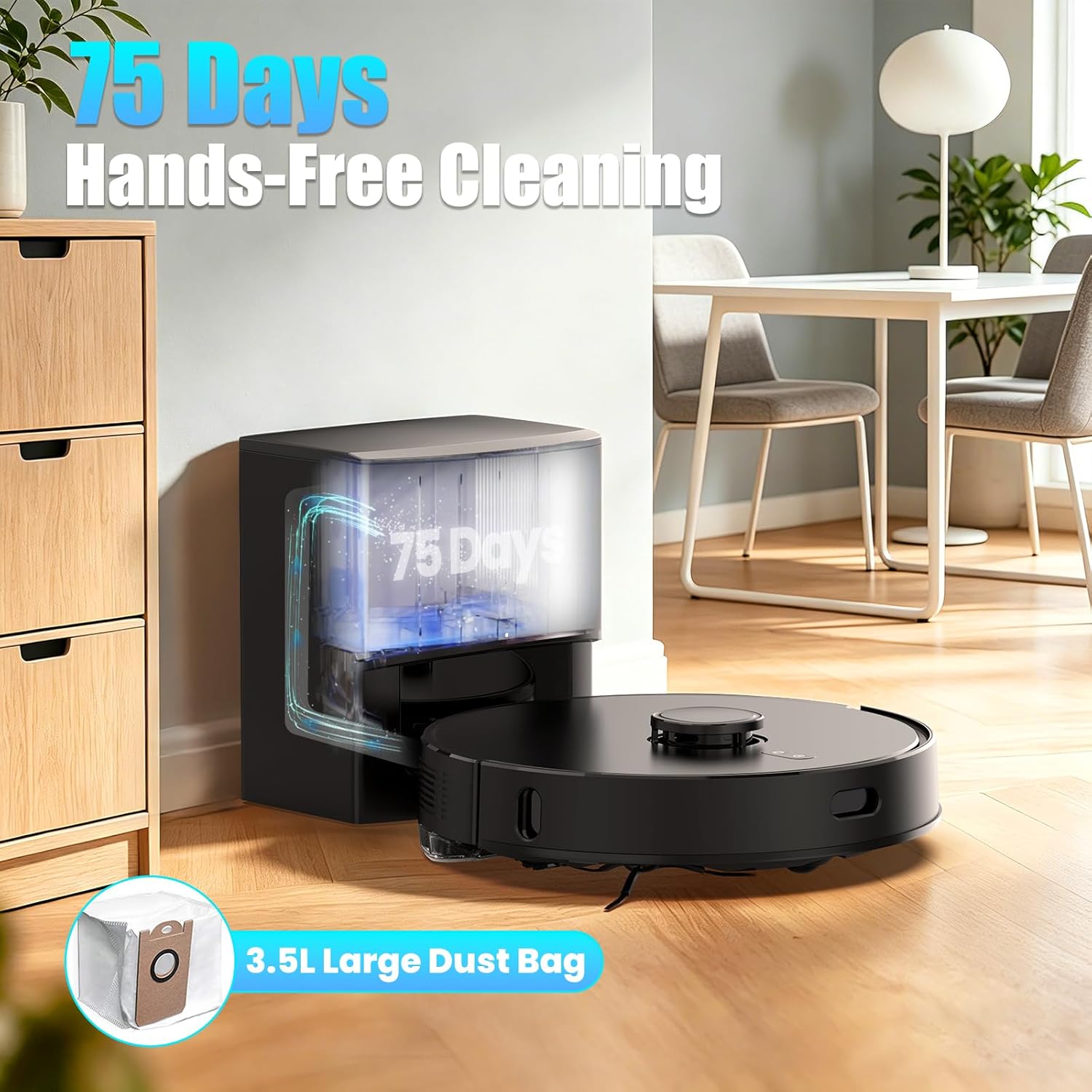 E10+ Robot Vacuum and Mop Combo Self‑Emptying with 8000Pa Suction, LiDAR Navigation, Home Mapping, 75‑Day Capacity, 150 Mins Runtime, APP & Voice Control Robot Vacuum Cleaner for Hair, Floors, Carpets