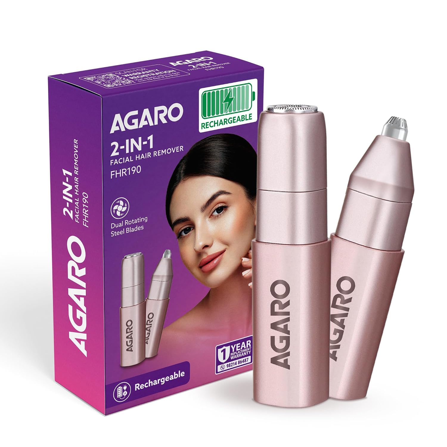 AGARO Facial Hair Removal Machine for Women, Rechargeable Eyebrow Trimmer, Cordless, Safe & Painless Electric Shaver, Hypoallergenic Blade, Multi Use for Upper Lip, Chin, Cheek & Forehead, FHR190