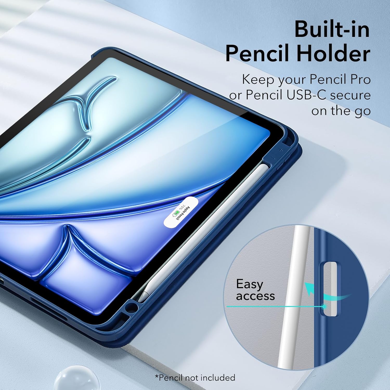 ESR for iPad Air 11 inch Case M3/M2 with Pencil Holder, iPad Air 7th/6th/5th/4th Generation Cover(2025/2024/2022/2020), Trifold Stand with Flexible Back, Auto Sleep and Wake, Rebound Series, Navy Blue