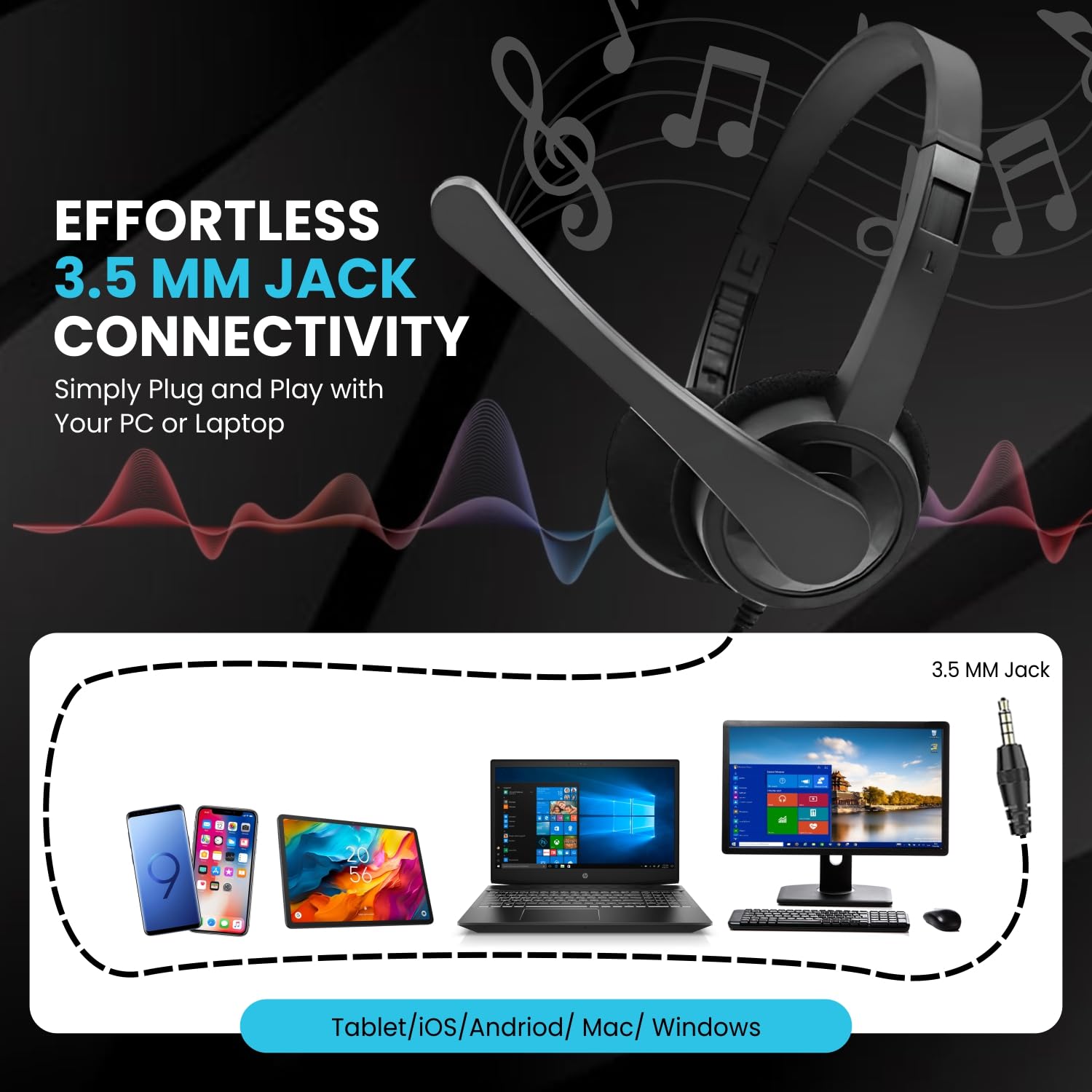 Dyazo Computer Wired Headphones | Headset with Mic | 3.5 MM Jack | Compatible for Laptops, PC, Notebooks (Black)