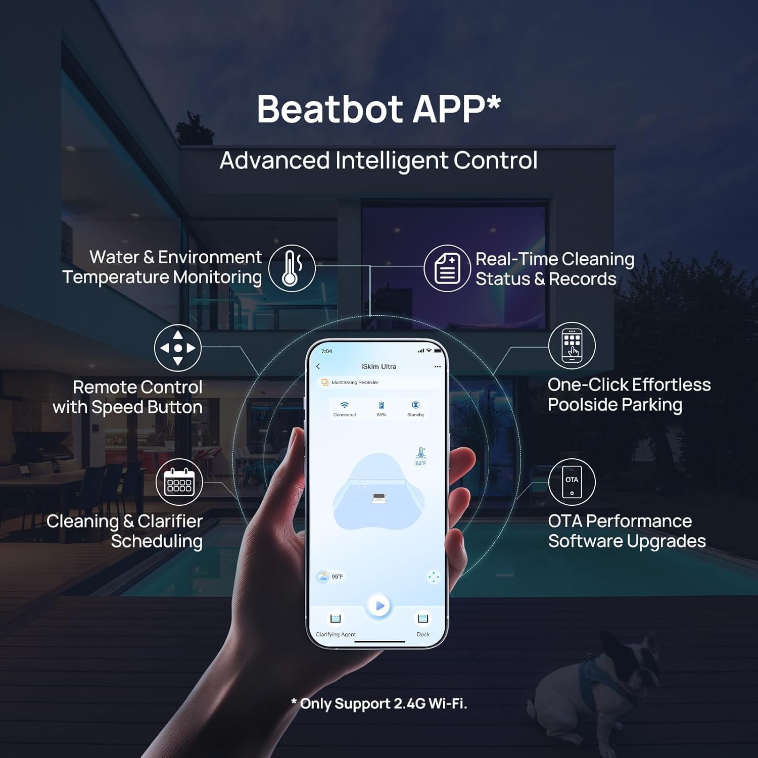 Beatbot iSkim Ultra Solar-Powered Auto Pool Skimmer 24/7 Cleaning, Built-in Water Clarification, Smart App & Voice Control, Dual Charging, Precision Edge & Corner Cleanup, Navy Blue