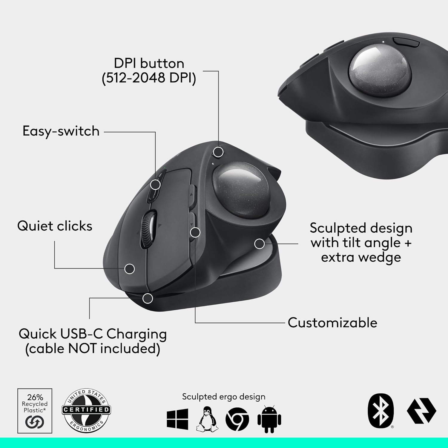 Logitech MX Ergo S Advanced Wireless Trackball Mouse with Free Adobe Subscription, USB-C Rechargeable Wireless Ergonomic Mouse with Bluetooth and Encrypted Dongle, 6 Programmable Buttons, for PC/Mac