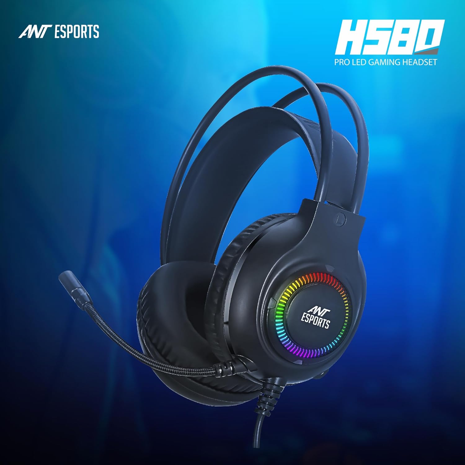 Ant Esports H580 Gaming Headset with Microphone for PS4 PC Xbox one PS5 Switch Laptop, Over Ear Headphones Wired with Noise Cancelling Mic, 3.5m Audio Jack, 50mm Stereo Drivers, Led Light – Black