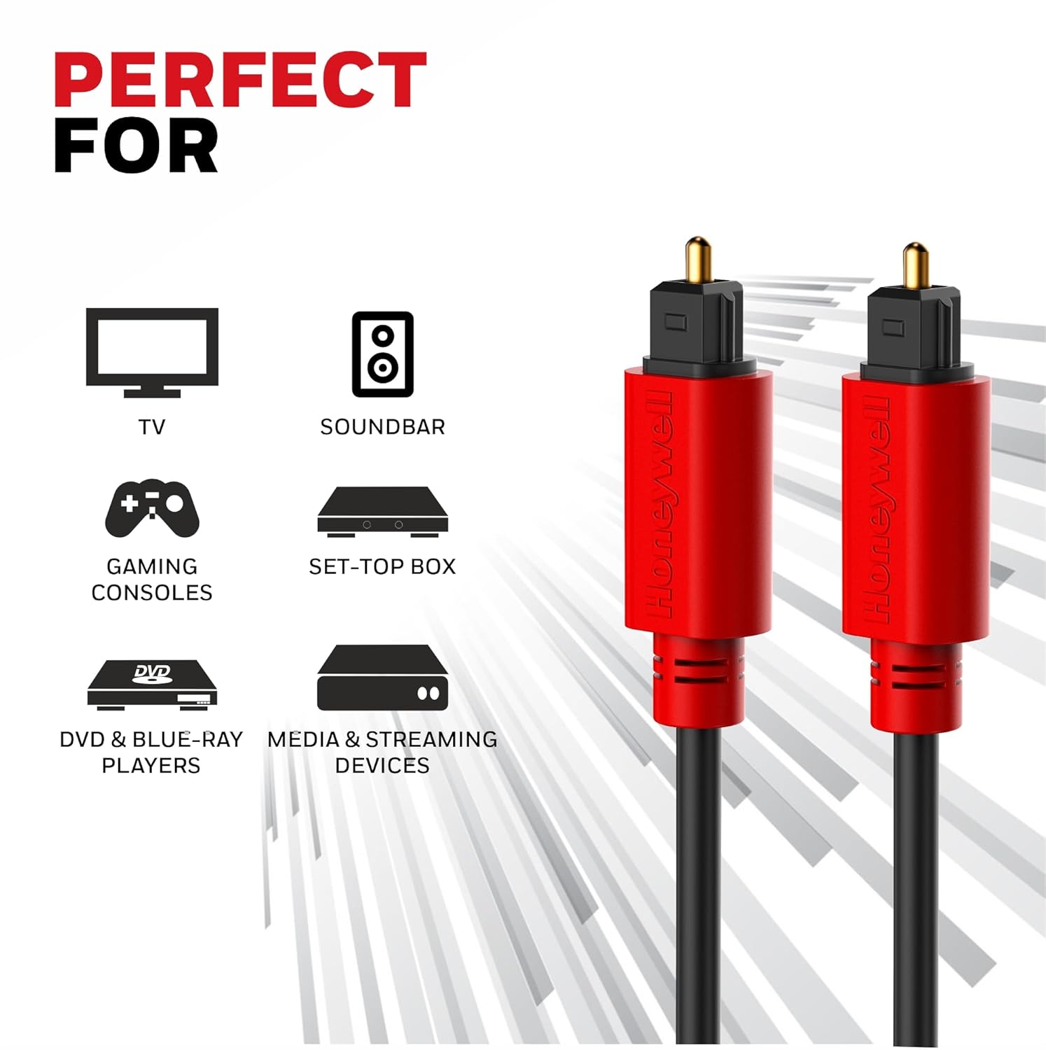Honeywell Digital Optical Audio Toslink Cable 2 meter, 24K Gold Plated Connectors, PVC Jacketed Copper Wire, Compatible with Home Theatres (7.1), Xbox, PS5, soundbars,Blu-ray players & Gaming Consoles