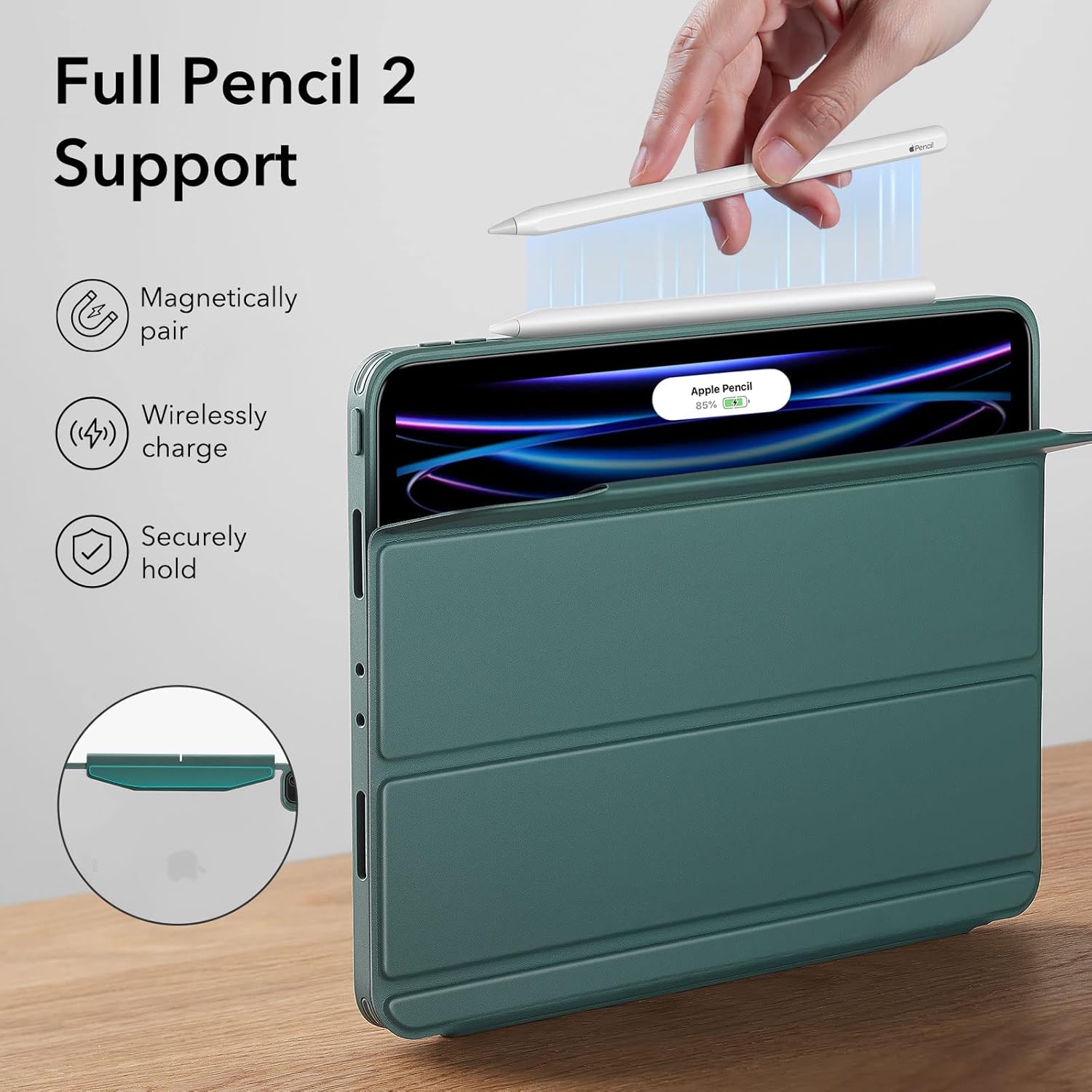 ESR for iPad Pro 11 inch Case (2022/2021, 4th/3rd Generation), iPad Pro Cover with Pencil Holder, Detachable Magnetic Cover, Tough Back Case, Pencil 2 Wireless Charging, Slim and Light, Hybrid Trifold Case, Frosted Green