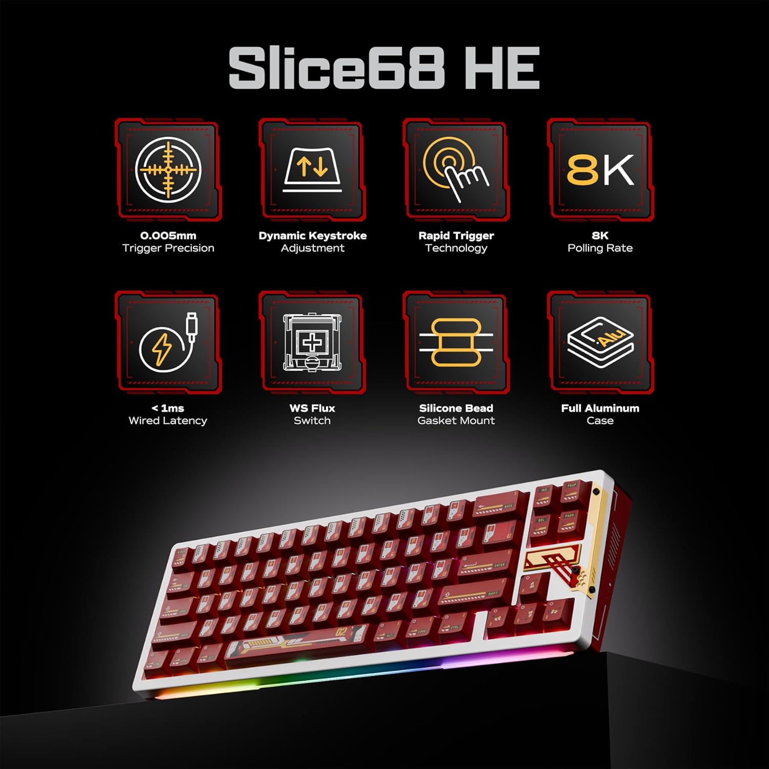 OOCTPK Chilkey Slice68 HE Gaming Keyboard: Hall Effect Aluminum Keyboard with Flux Switch, Rapid Trigger, 8K Polling, Per-Key RGB Gaming Magnetic Switch Key Board for Gaming (Red)