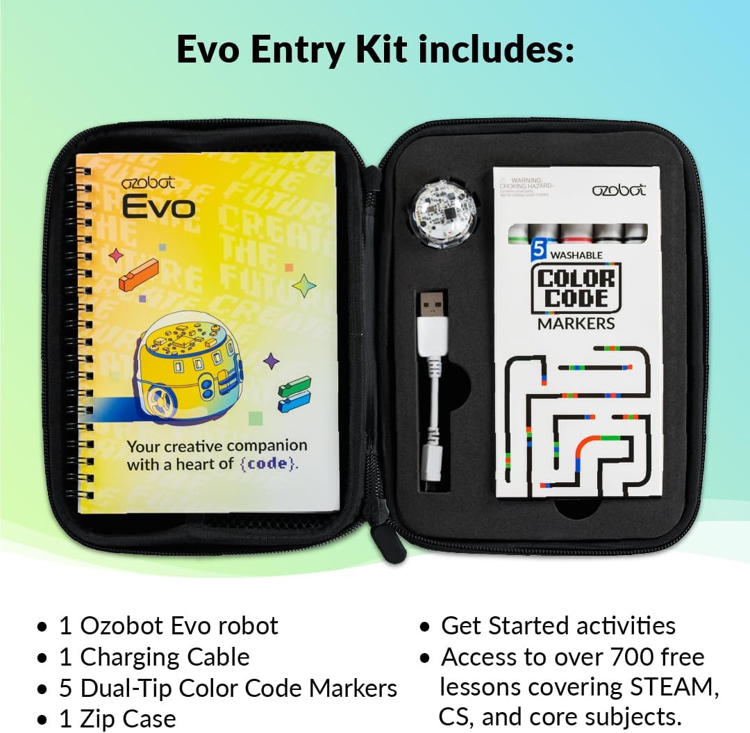 Ozobot Evo Entry Kit: Interactive STEM Coding Robot for Kids Ages 5+, Screen-Free Learning with Color Code Markers, Blockly Programming, Includes Charging Cable & Protective Case, Educator Approved