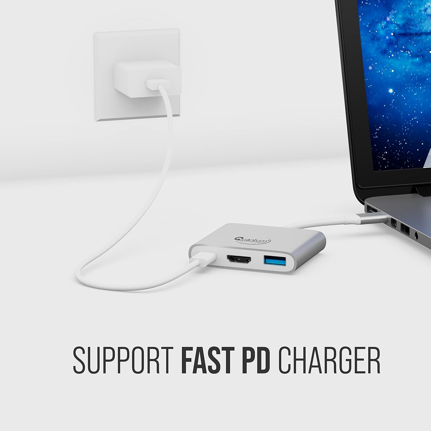 Quantum 3-in-1 USB Type C to Hdmi 4K Adapter, USB 3.0, USB C, Aluminium USB C Hub, High Speed Upto 5Gbps, 60W Power Pass Through for Laptop, Mac, Tablet & Other Type C Devices, Qhm7622 (Silver) Port