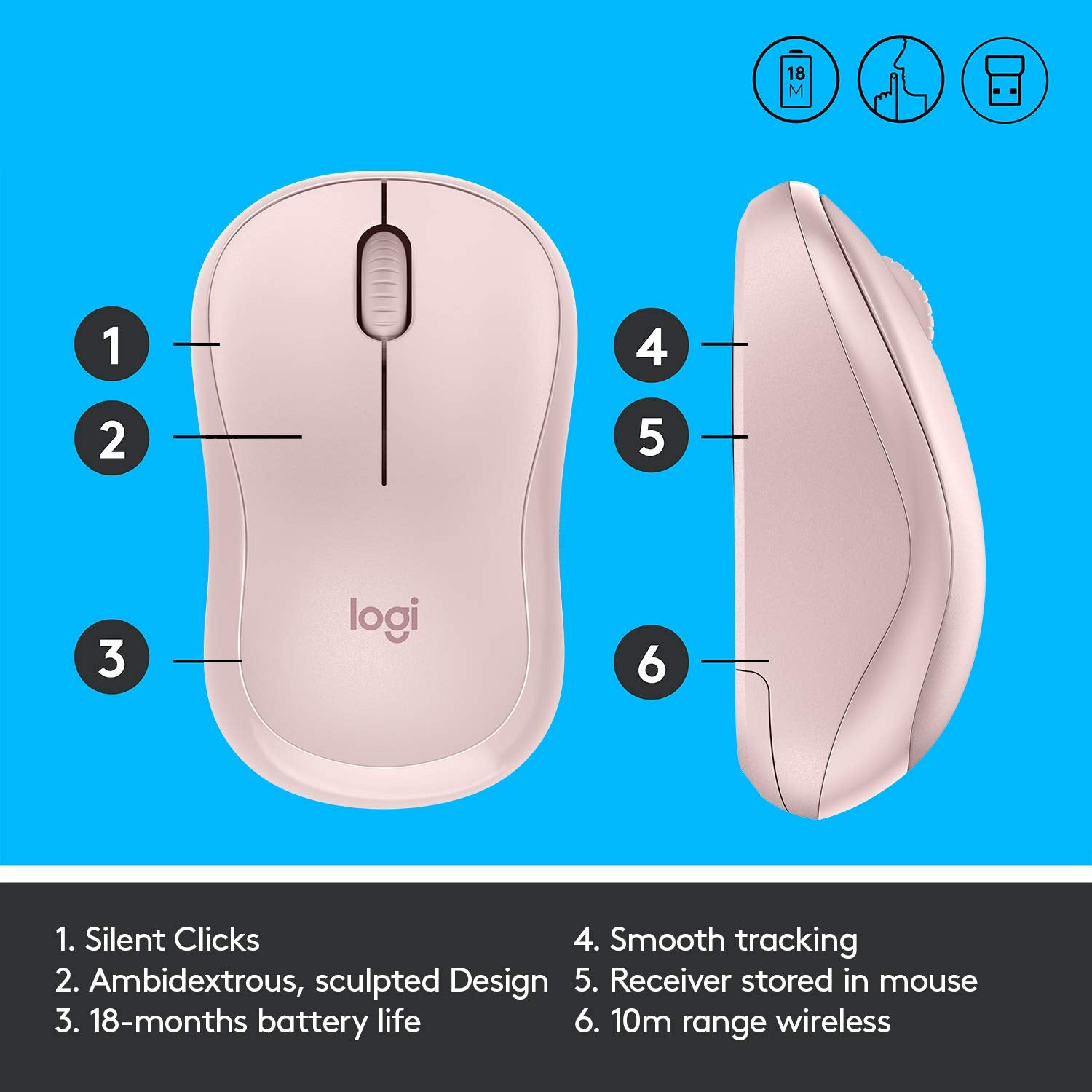 Logitech M221 Wireless Mouse, Silent Buttons, 2.4 GHz with USB Mini Receiver, 1000 DPI Optical Tracking, 18-Month Battery Life, Ambidextrous PC/Mac/Laptop - Rose