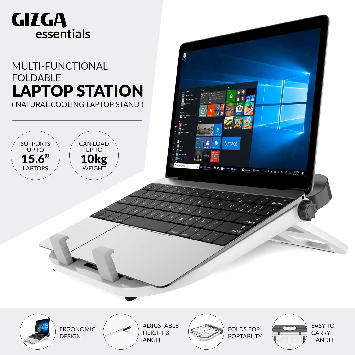GIZGA essentials Portable Laptop Stand, Multi-Functional Foldable Stand for Laptop/MacBook, Ergonomic Design, Anti-Slip Base, Heat Dissipation, Multiple Angles, Height Adjustable, Light Weight, White