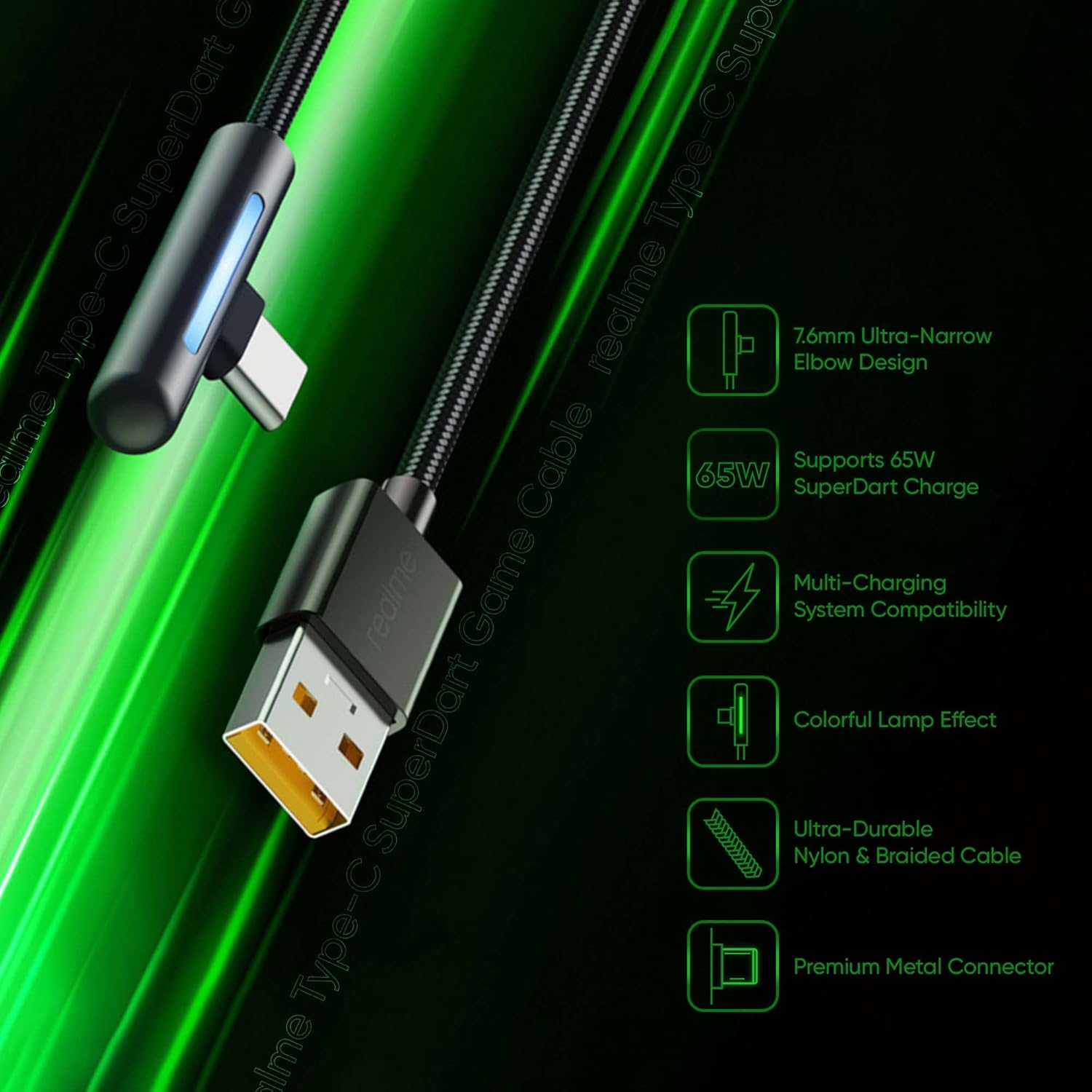 realme 65W SuperDart USB Type C Gaming Cable (Braided, Black)