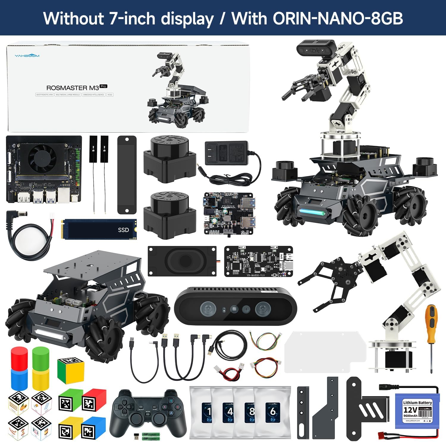 Yahboom ROSMASTER M3 Pro ROS2 Robot with Mecanum Wheel Support Multimodal AI Large Model, AI Voice Interaction, Vision Recognition(7-inch Display Optional) (Without Display-Orin Nano 8GB Ver)