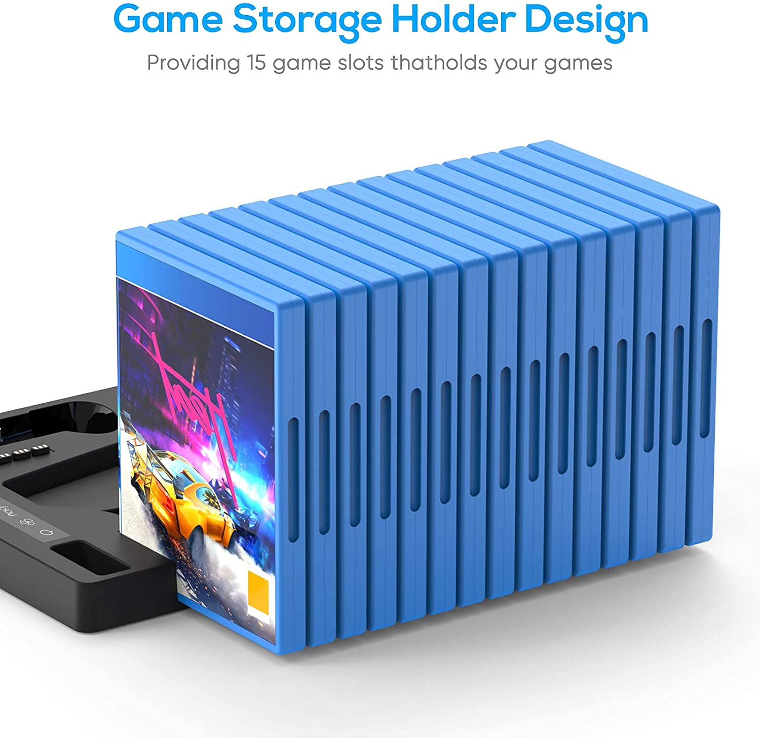New World Vertical Stand for PS5 Digital Edition and Disc Edition Console with Cooling Fan, Controller Charging Station and 15 Game Cards Slots and Headset Stand for PS5