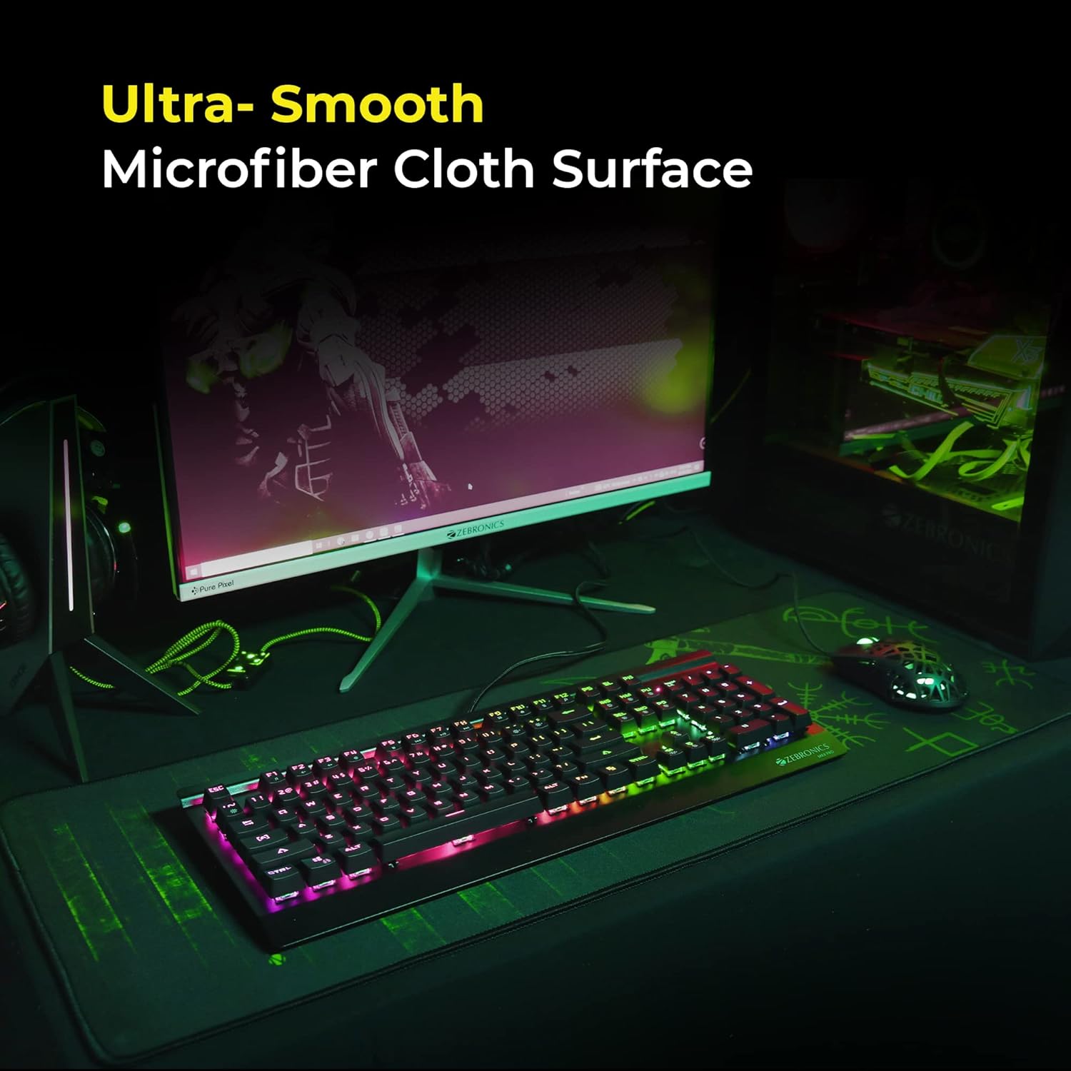 ZEBRONICS Firestorm Gaming Mouse pad for All Mouse sensors with Micro-Textured Fabric Surface, Anti Slip Rubber Base, 800x300mm Size, 4mm Thickness and a Portable roll and go Design