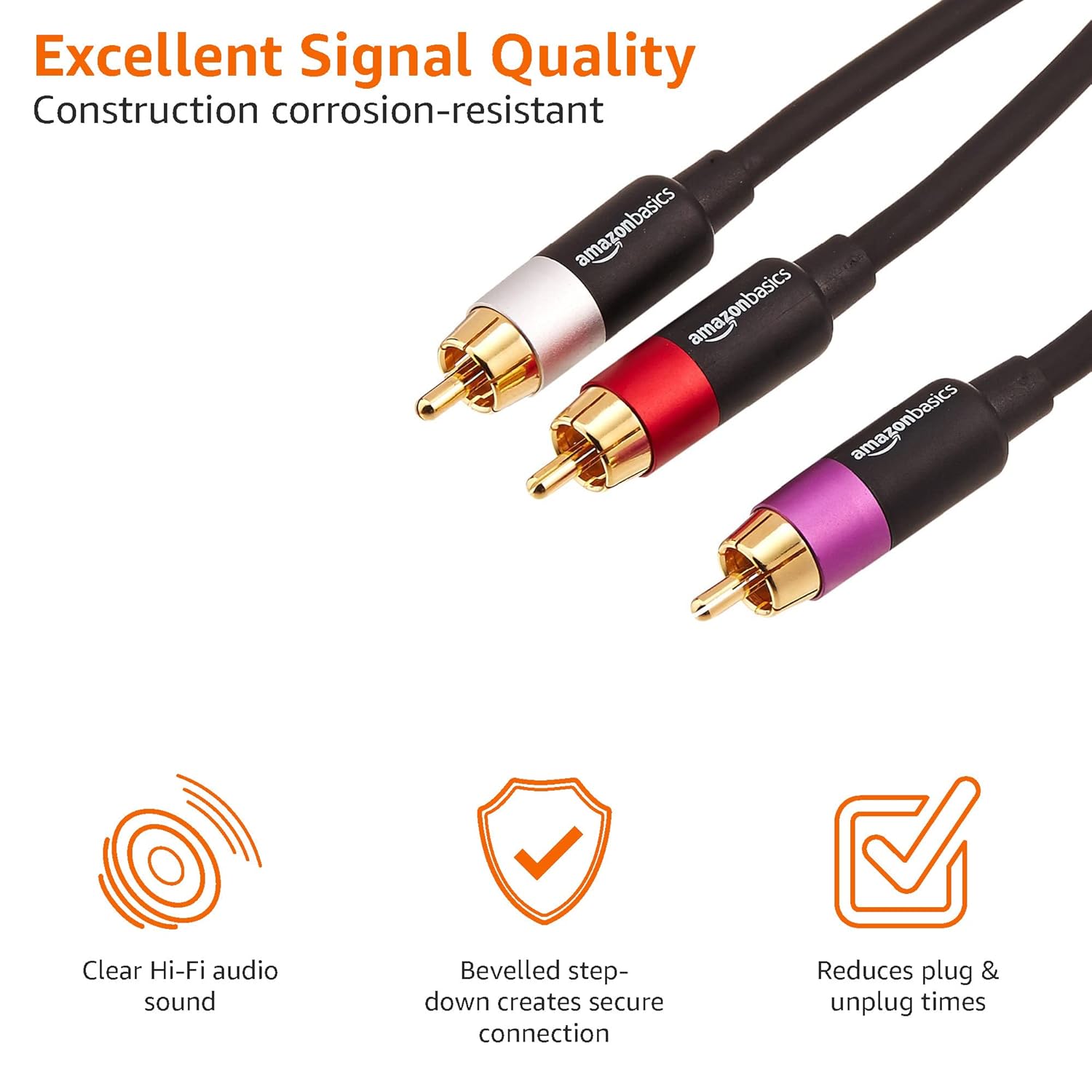 AmazonBasics 8 Feet 1/2-Male to 2-Male RCA Audio Interconnects for Television, DVD Player [Gold]