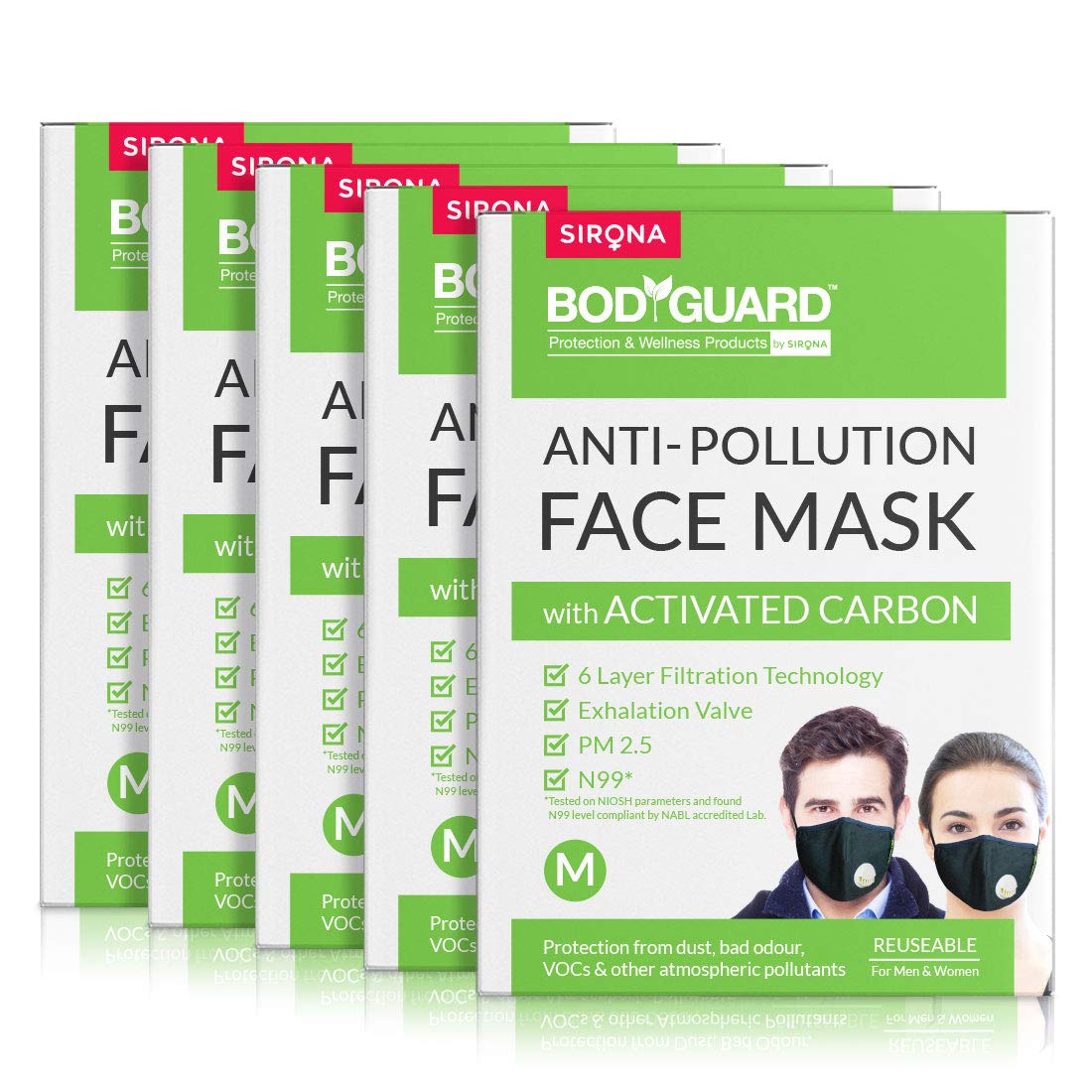 Bodyguard Reusable N99 + PM2.5 with 6 Layer Anti Pollution Face Mask - (Pack of 5, Medium)
