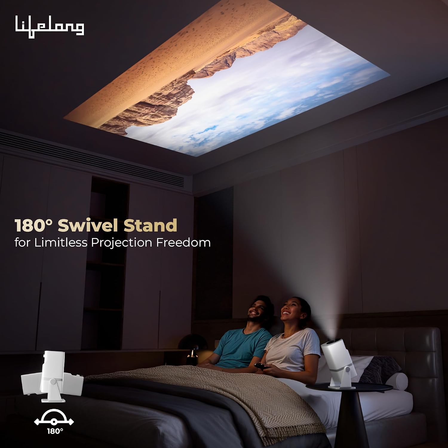 Lifelong Electronics Lightbeam X Smart Projector | Android, 1080P & 4K Ultra HD Support, 2X 3500 Lumens, 720p Native | For Room & Outdoors | All OTT Apps | WiFi/BT,Mirroring,USB,ARC,HDMI,180°,Speakers