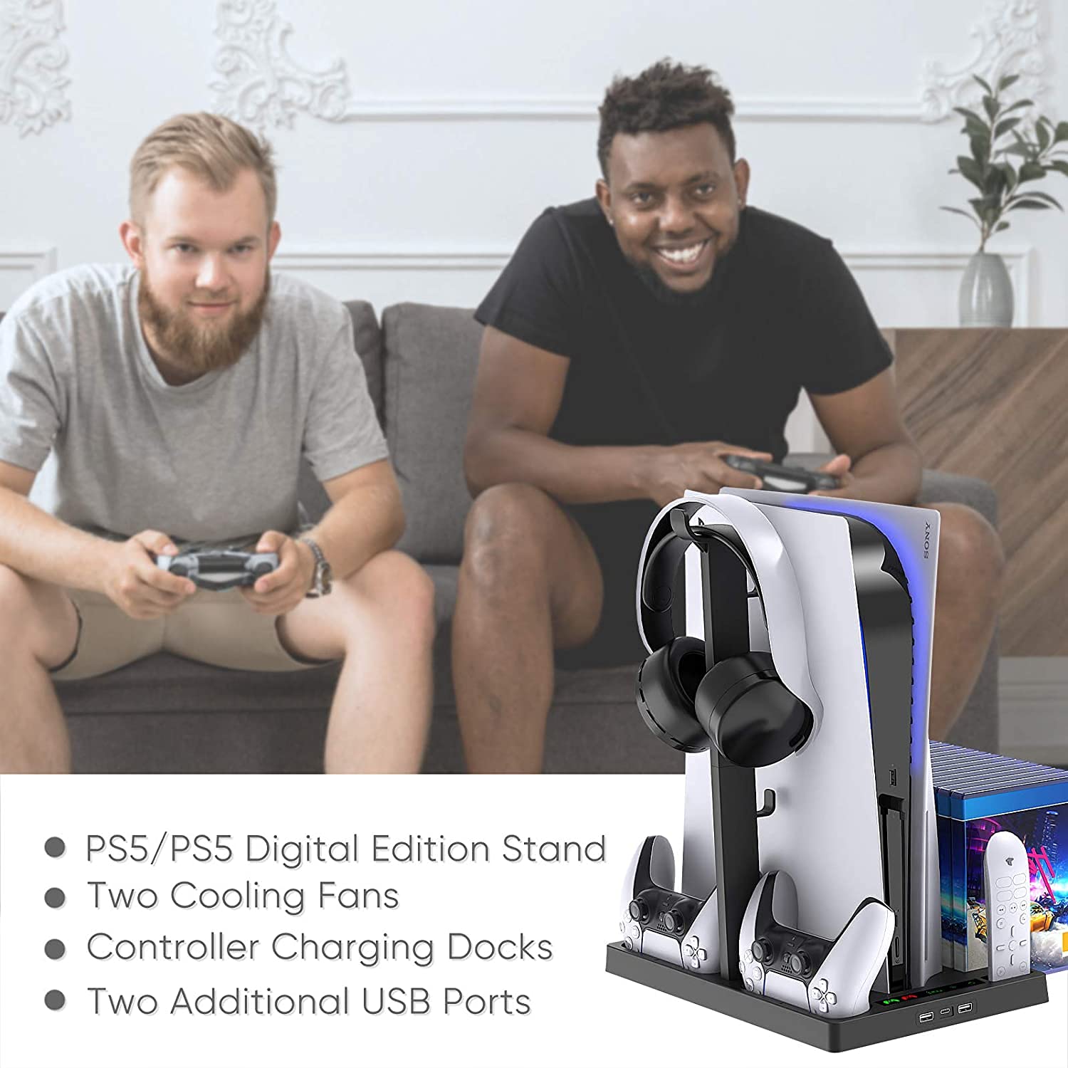 New World Vertical Stand for PS5 Digital Edition and Disc Edition Console with Cooling Fan, Controller Charging Station and 15 Game Cards Slots and Headset Stand for PS5